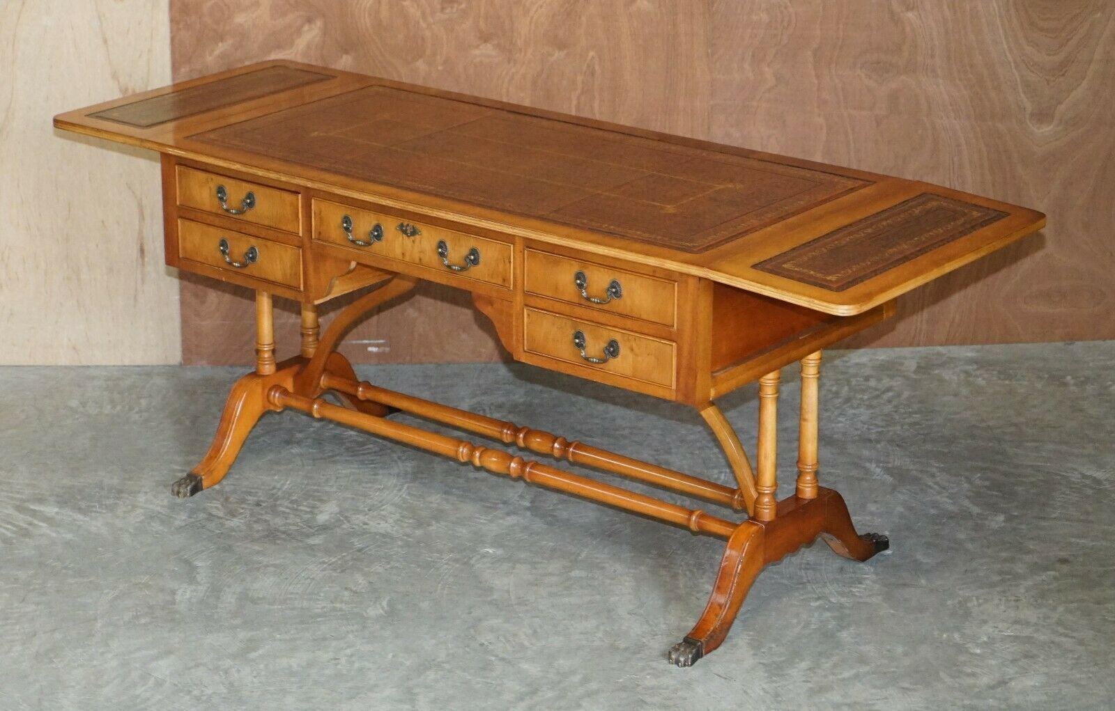 photo for sale Extending Writing Table Desk, Burr Yew Wood Brown Leather Gold Leaf Embossed Top