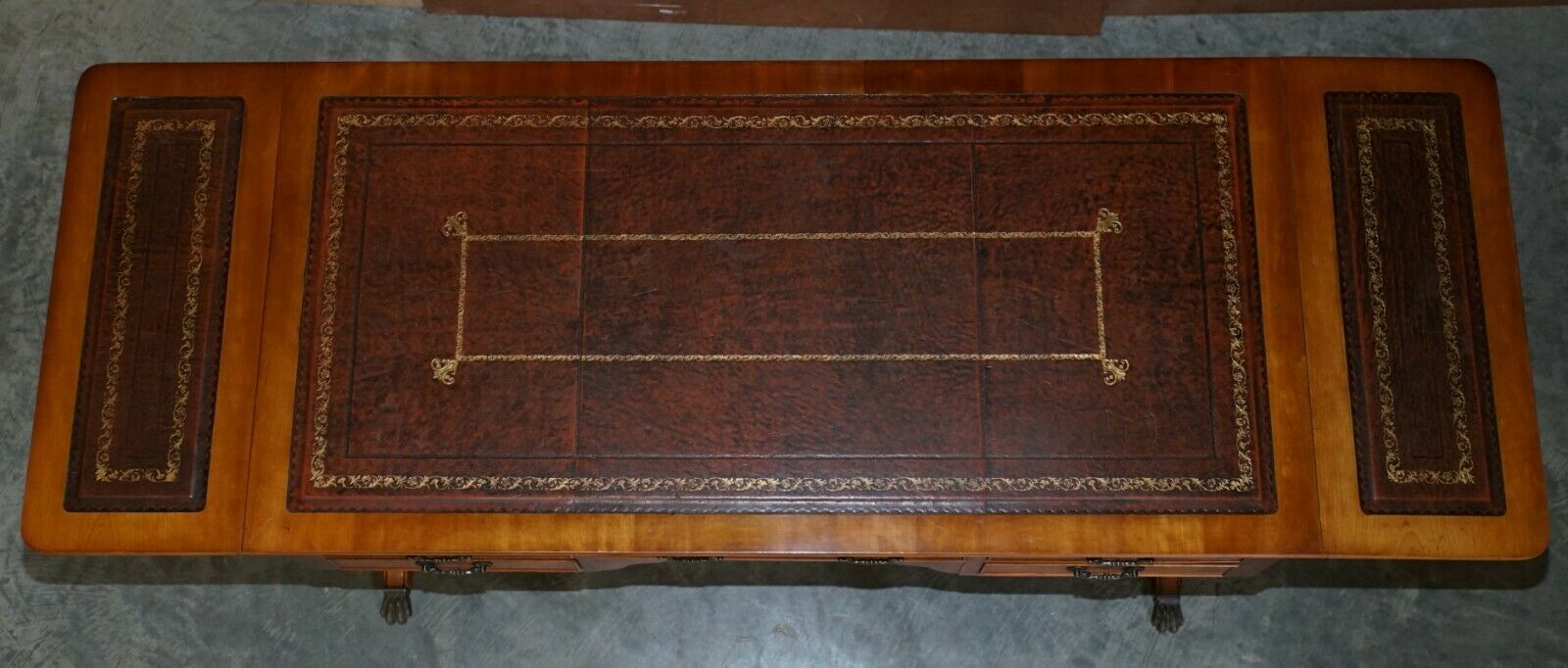Furniture Extending Writing Table Desk, Burr Yew Wood Brown Leather Gold Leaf Embossed Top photo