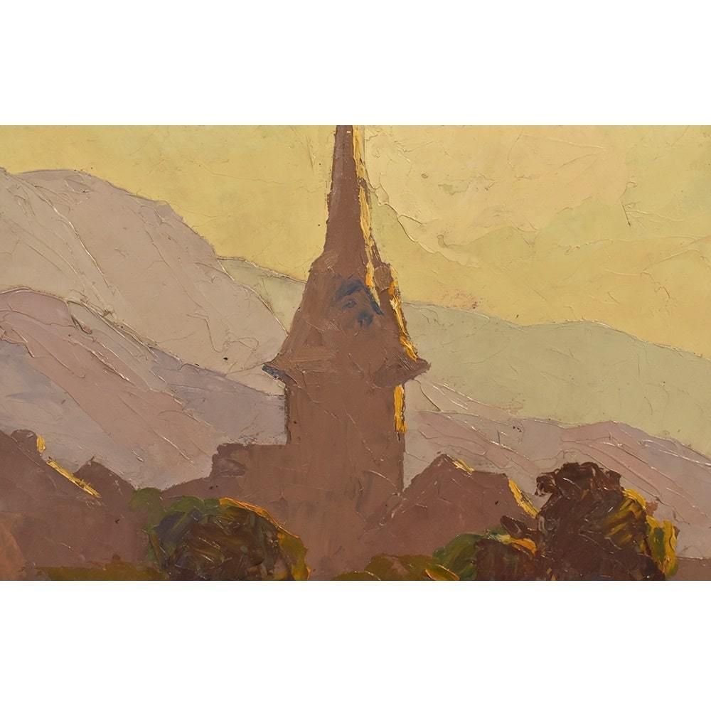 Landscape Oil Painting With Church, Art Deco, Early 20th Century. (Qp 384) photo for sale
