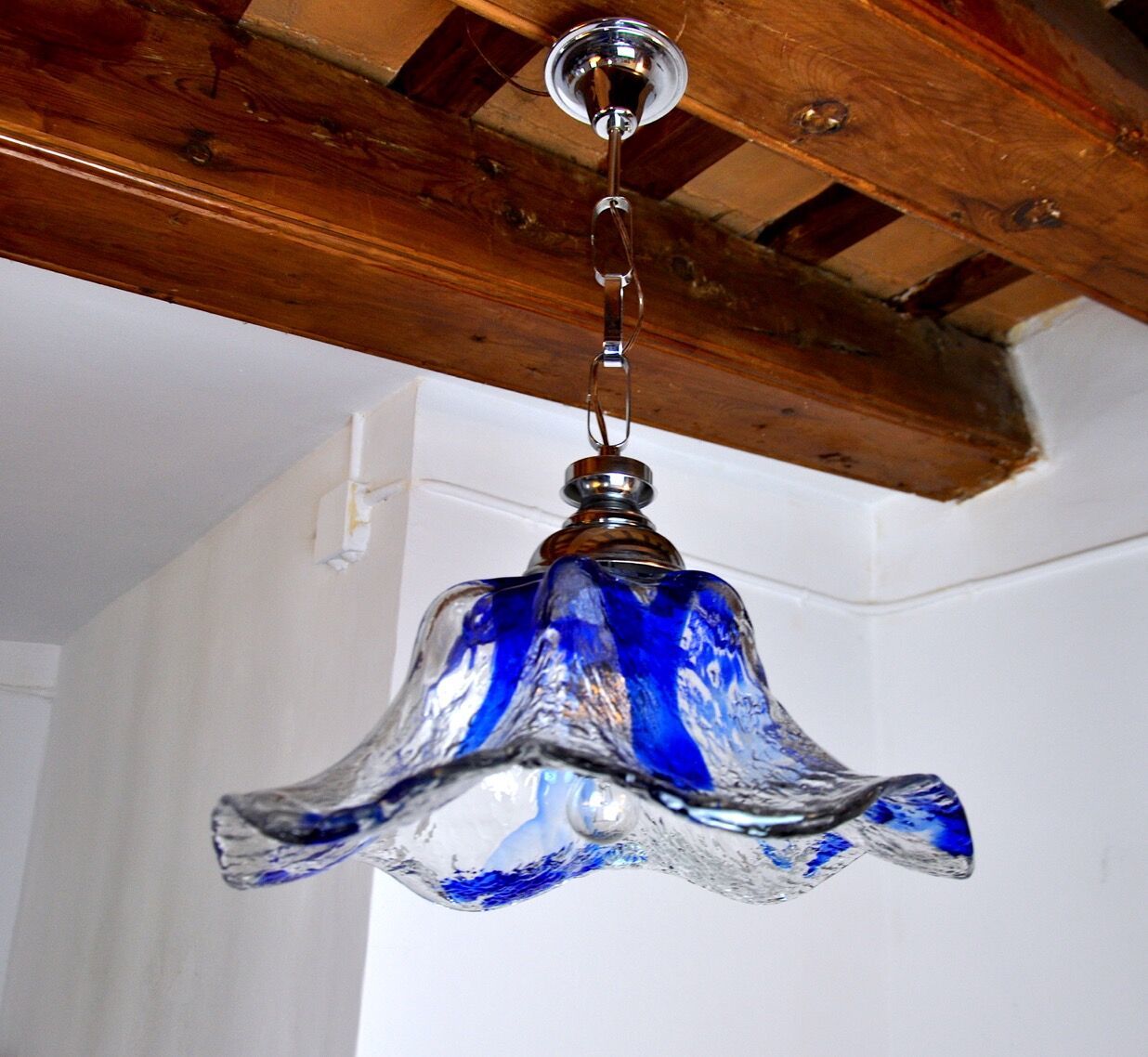 Flower Chandelier Murano Mazzega Blue Glass Italy 1970