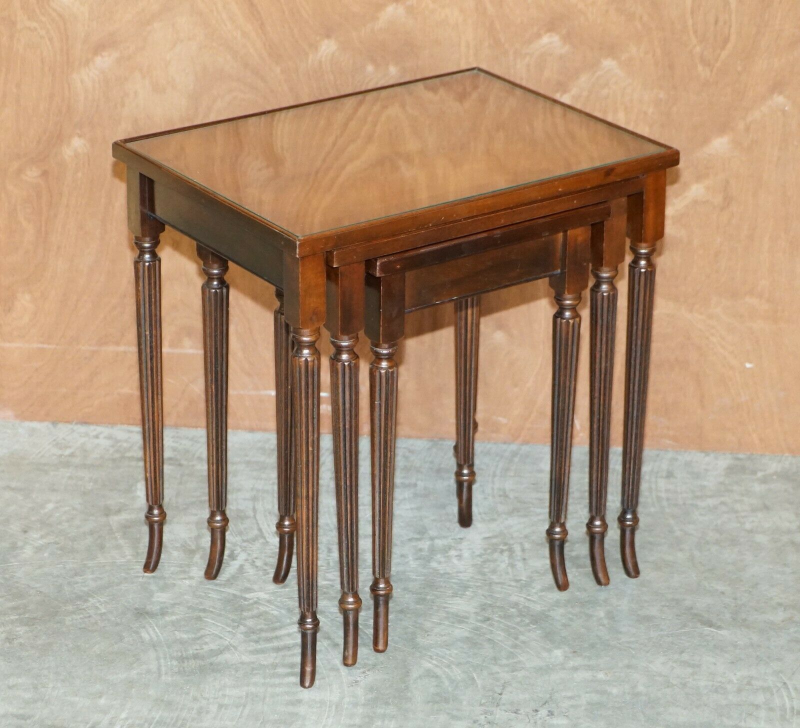 Vintage Nest Of Three Flamed Mahogany With Glass Tops Tables Ideal As Side End