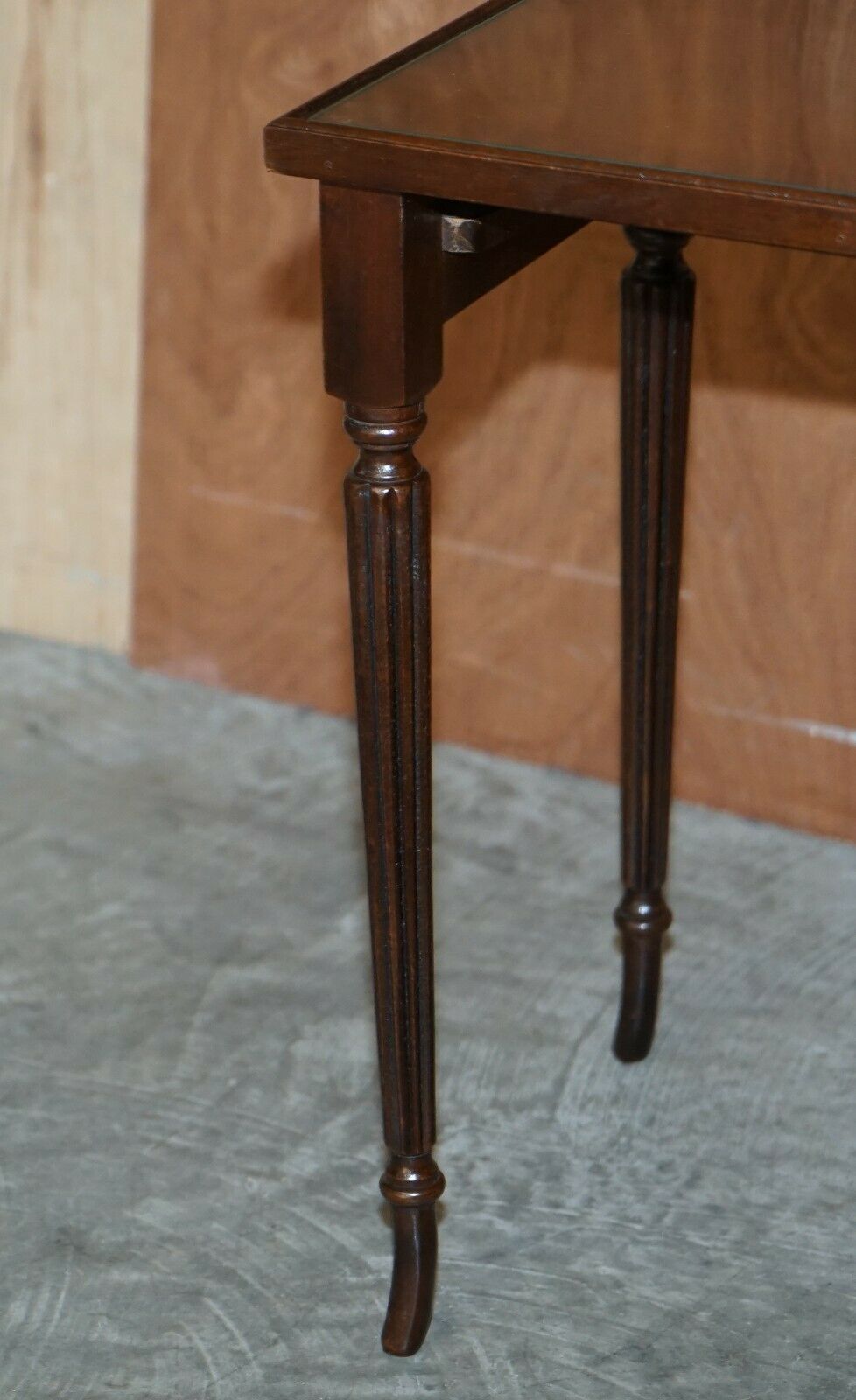 photo for sale Vintage Nest Of Three Flamed Mahogany With Glass Tops Tables Ideal As Side End
