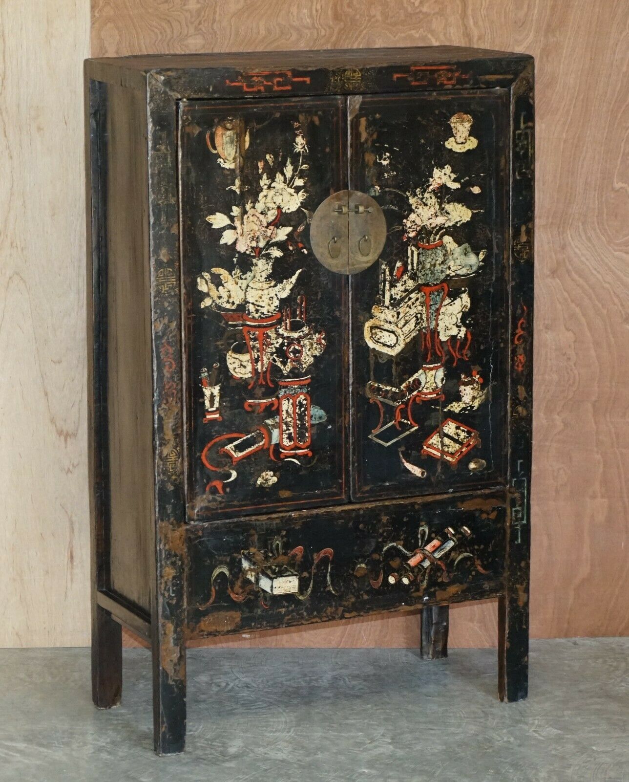 Antique Circa 1800 Chinese Hand Painted Wedding Cabinet Housekeepers Cupboard