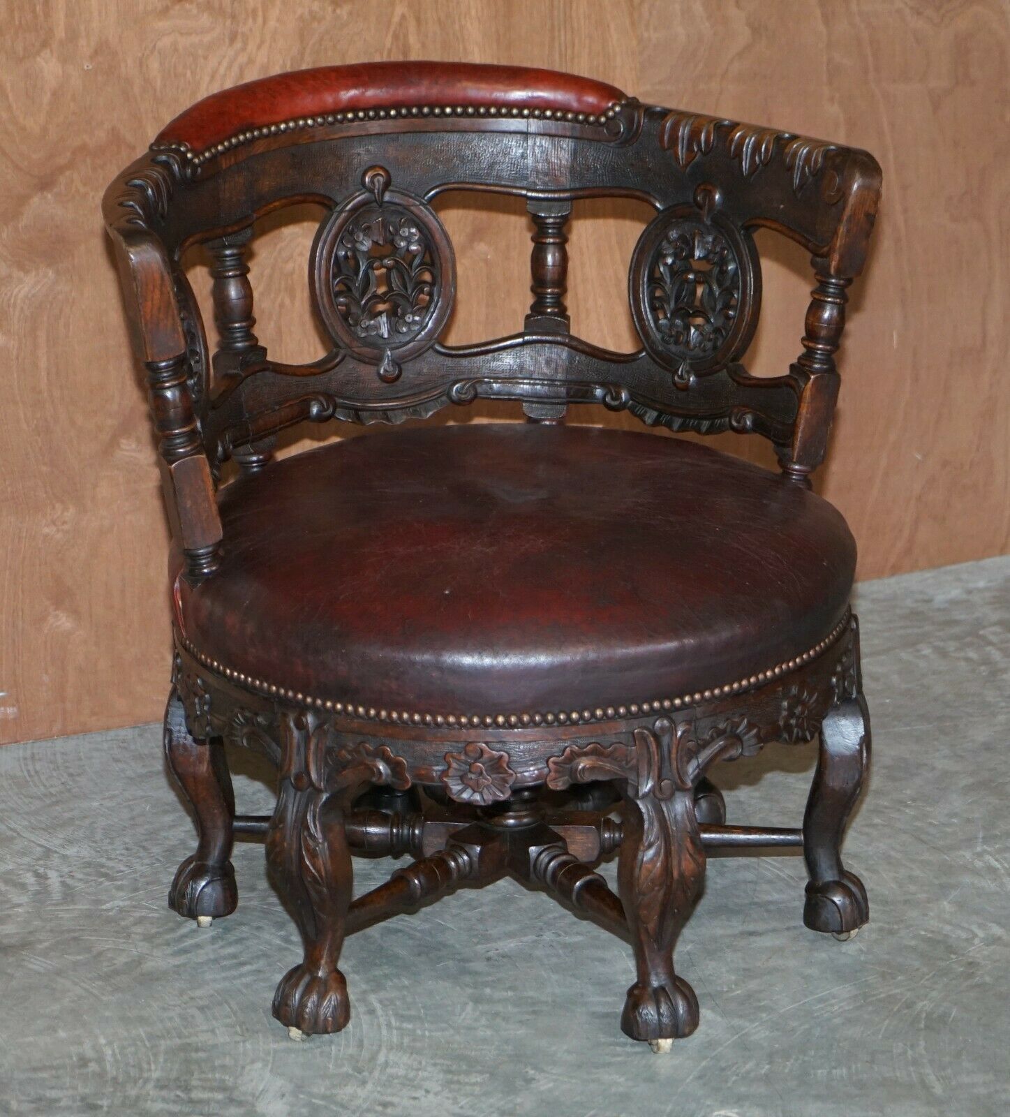 Antique Carved Victorian Oxblood Leather Burgermeister Chair 17th Century Design photo furniture