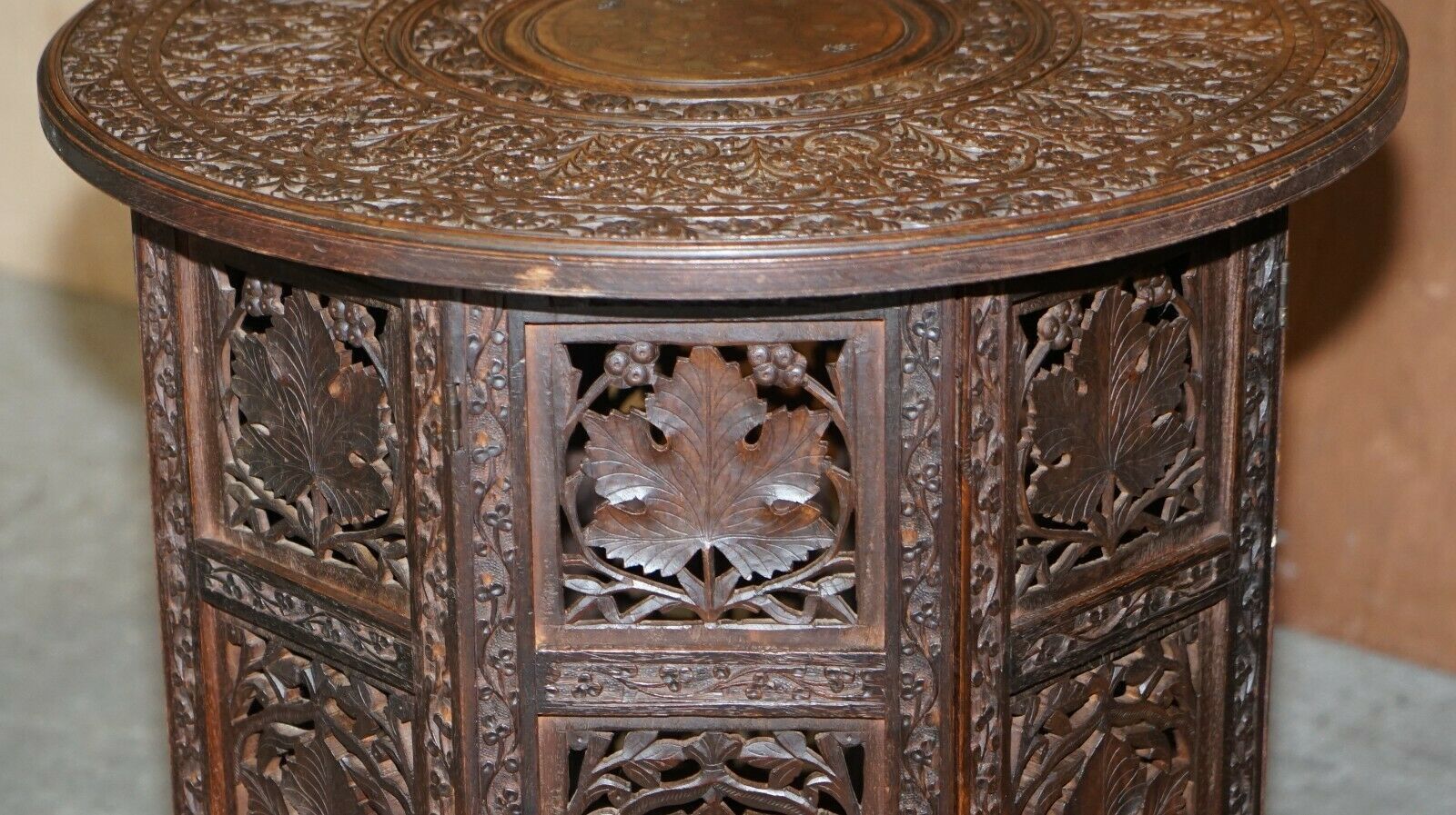 photo furniture Hand Carved Burmese Folding Rosewood Antique Octagonal Side End Lamp Wine Table