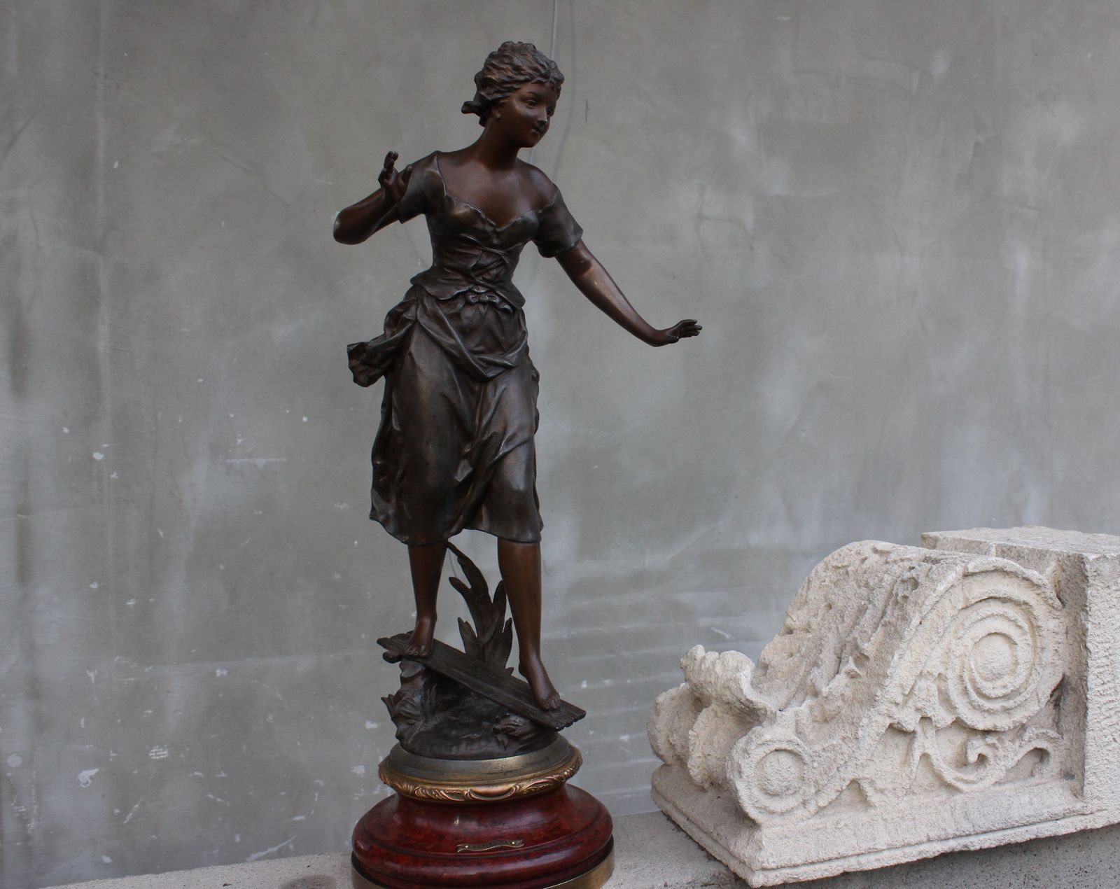 French Original Rancoulet Signed Statue Spelter Beautiful Girl On Wood Base