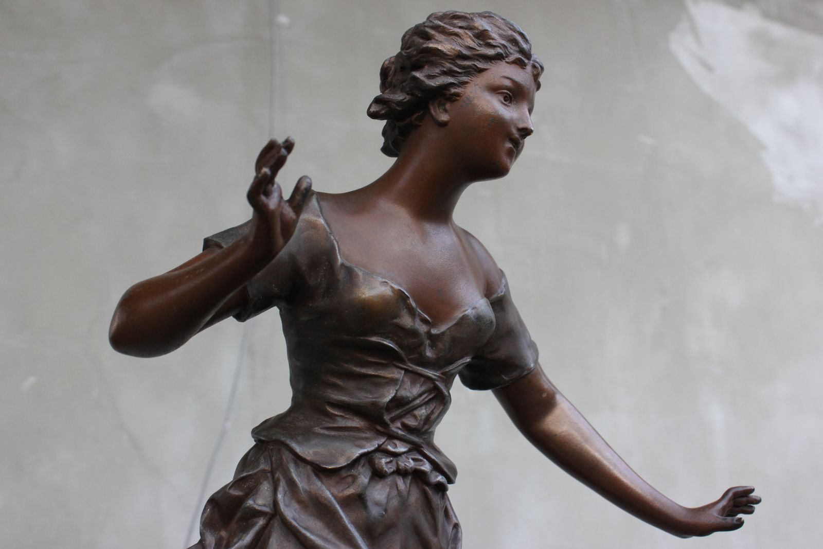 photo for sale French Original Rancoulet Signed Statue Spelter Beautiful Girl On Wood Base