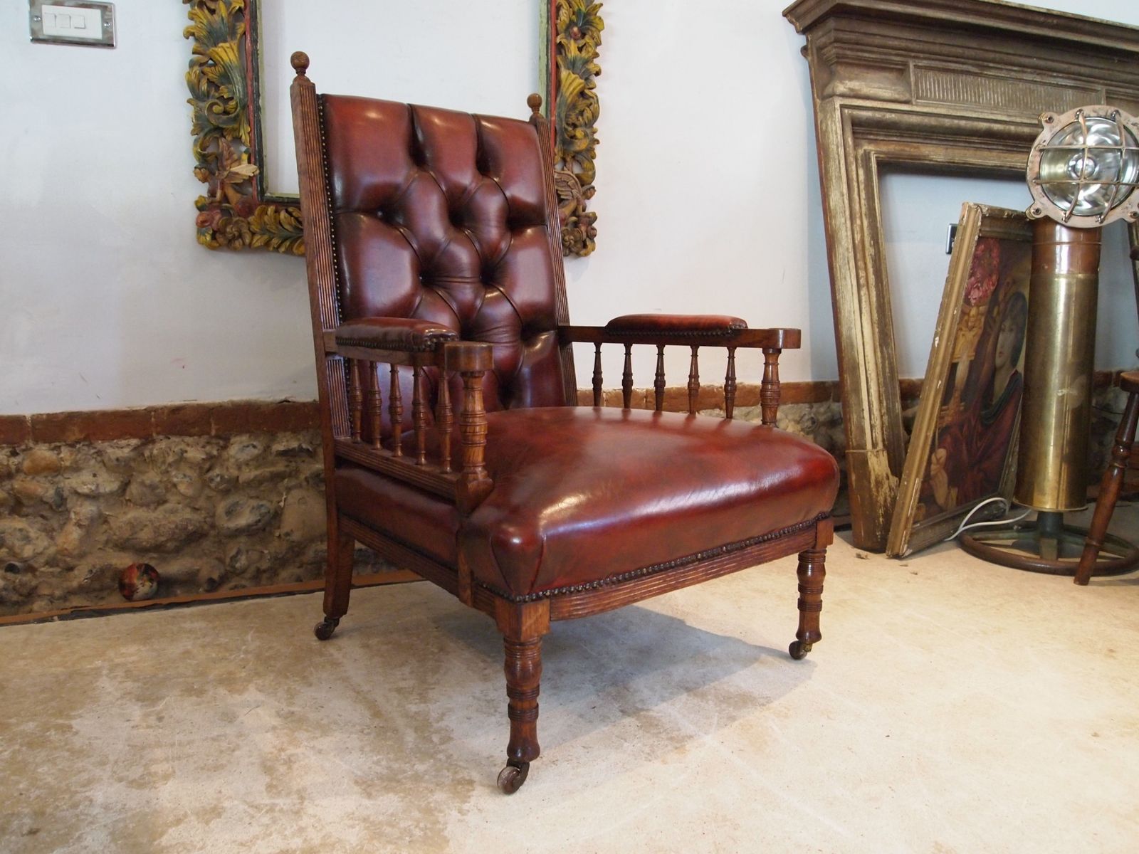photo for sale Chair Fine Early Victorian Oak & Chestnut Leather Armchair C1840