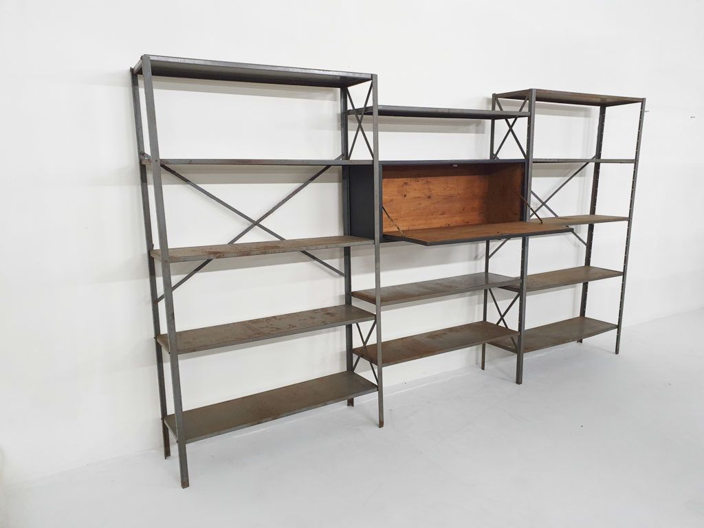 Large Industrial Metal And Wooden Wall Unit, Attrb Gispen, The Netherlands 1950's photo Furniture