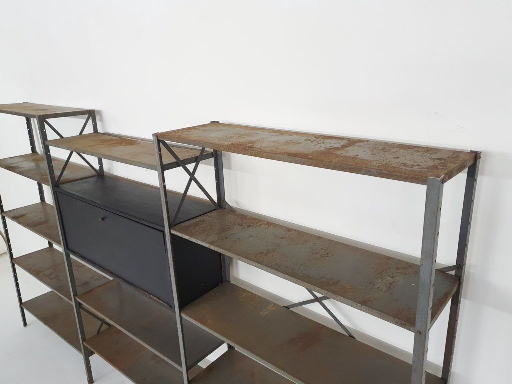 photo for sale Large Industrial Metal And Wooden Wall Unit, Attrb Gispen, The Netherlands 1950's