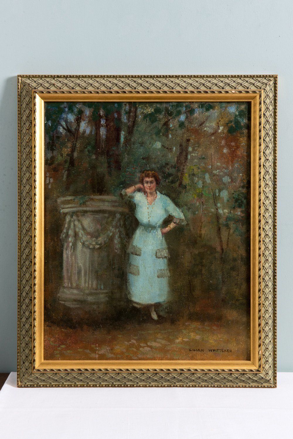 Lilian E. Whitteker  Woman In A Park  Oil On Canvas  C. 1937 photo furniture