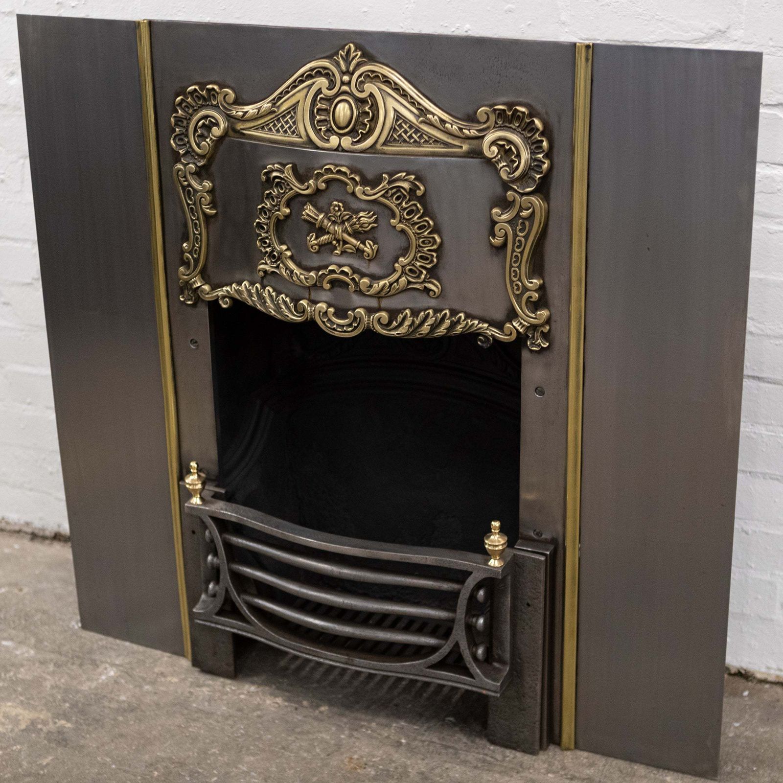 Ornate Antique Polished Cast Iron & Brass Fireplace Insert photo buy