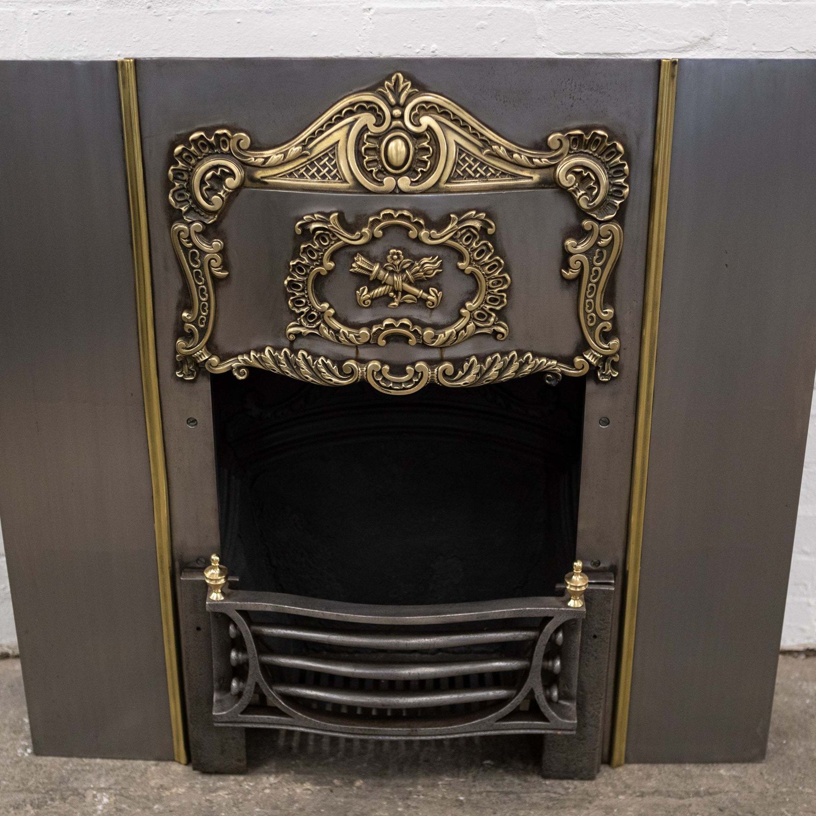 Ornate Antique Polished Cast Iron & Brass Fireplace Insert photo vintage