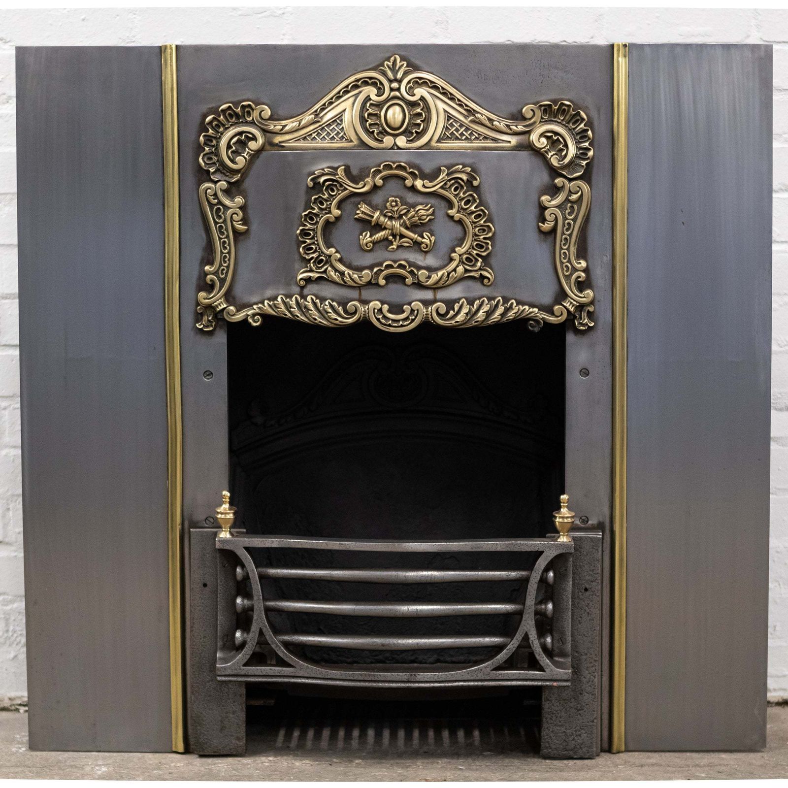 photo furniture Ornate Antique Polished Cast Iron & Brass Fireplace Insert