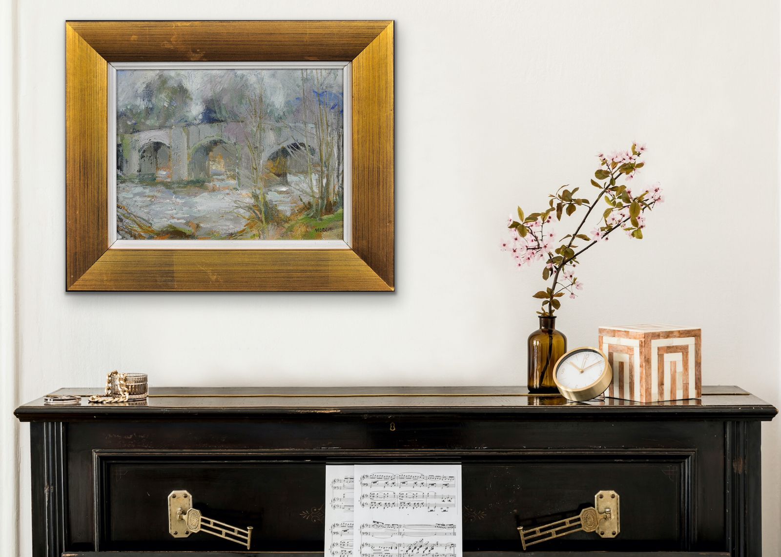 photo buy Anthony Morris B.1938.  English. Llangynidr Bridge Over The River Usk, Wales In Winter. Oil On Board. Framed .Powys. Crickhowell. Welsh Landmark.