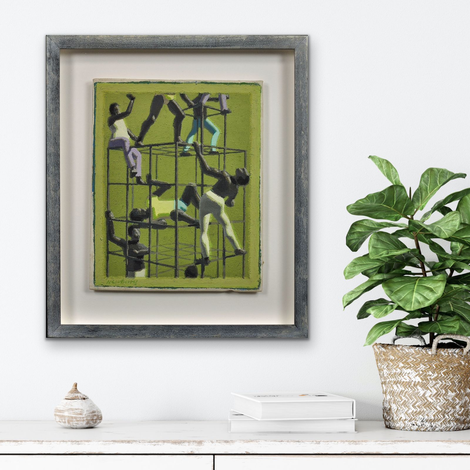 photo vintage John Coverdale Newberry B.1934. English. The Climbers, 1970. Framed Mid 20th Century Postmodern Figuration Oil Painting. Ruskin School, Oxford.