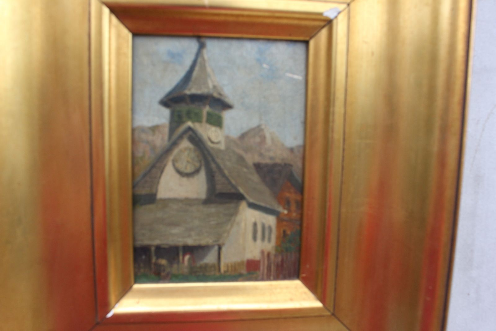 Original Landscape Oil Painting, Pastoral Scene Art In Wide Gold Frame photo for sale