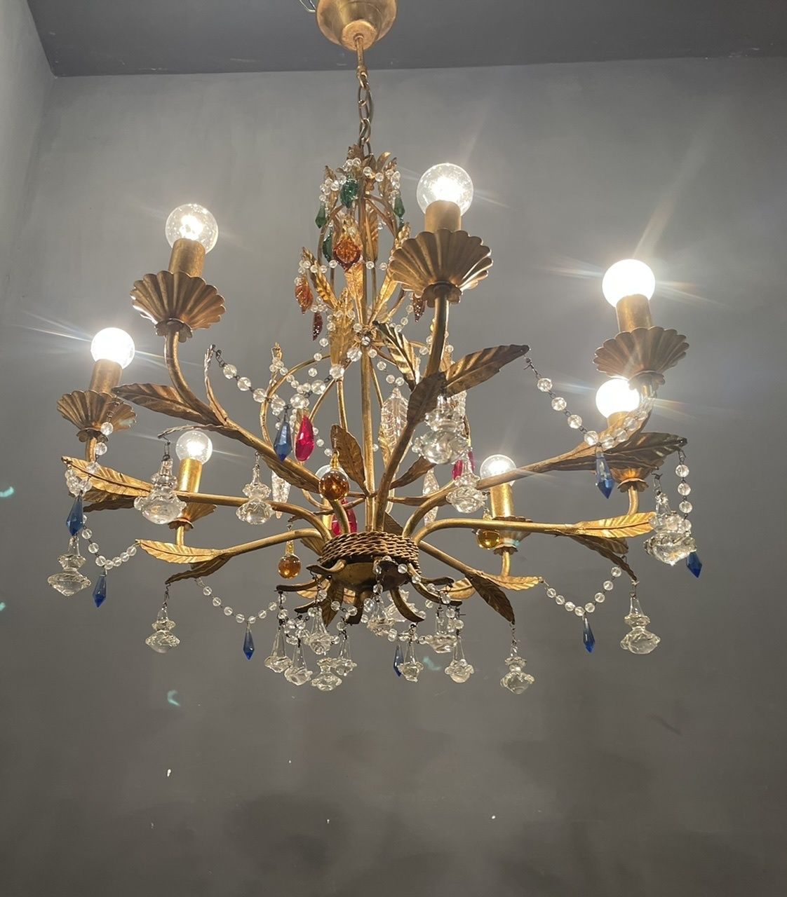 Lighting Italian Florentine Gold Gilded Murano Glass Chandelier photo