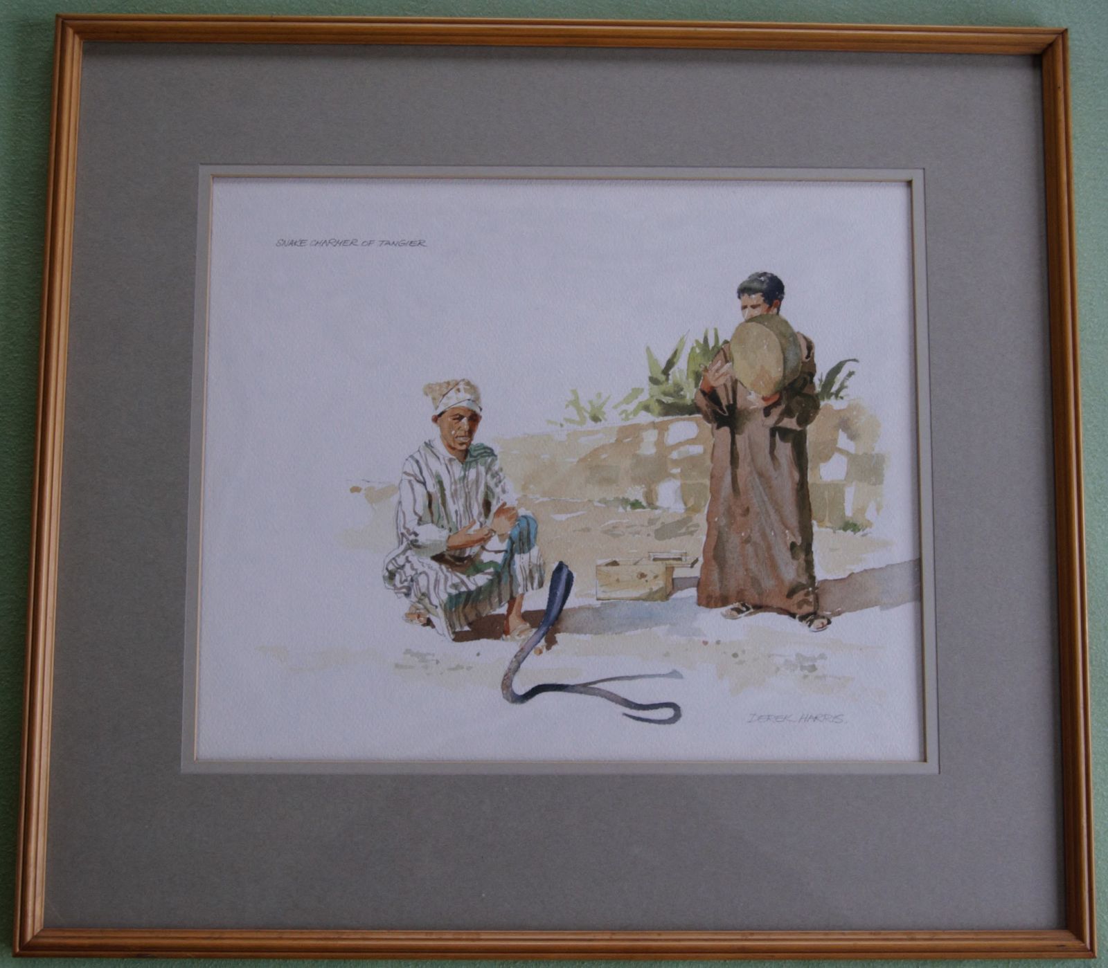 Vintage Painting By Derek Harris Depicting Moroccan Snake Charmer