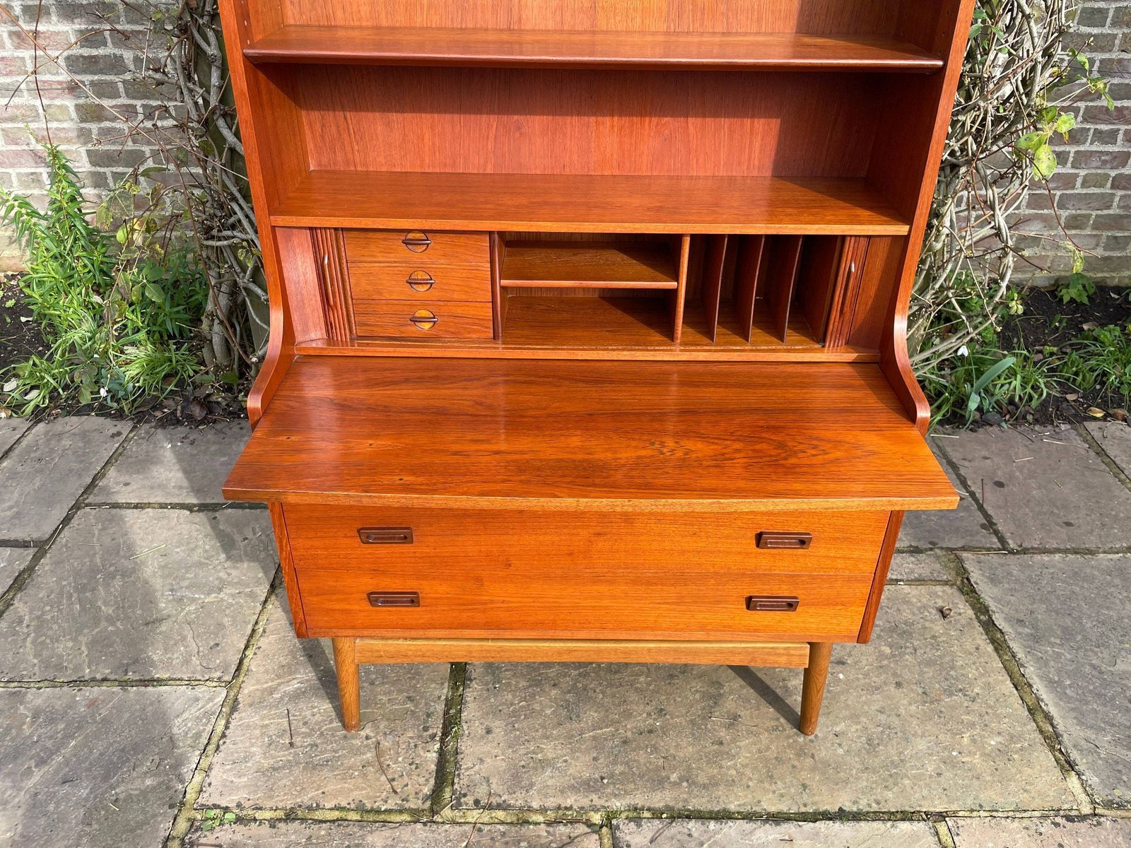 Teak Tambour Fronted Danish Secretaire Bureau With Pull Out Desk 1950's photo vinterior