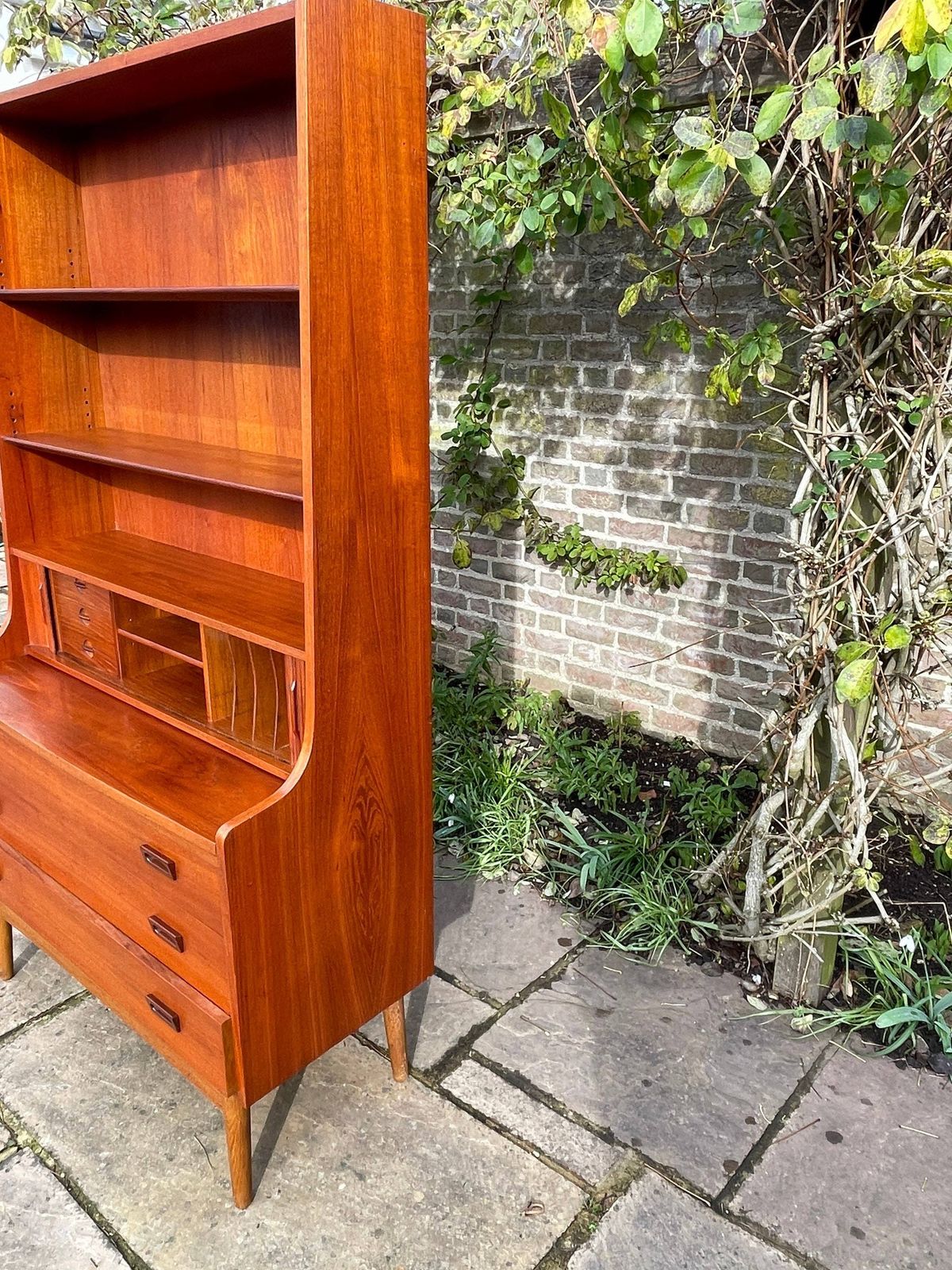 Teak Tambour Fronted Danish Secretaire Bureau With Pull Out Desk 1950's photo vintage