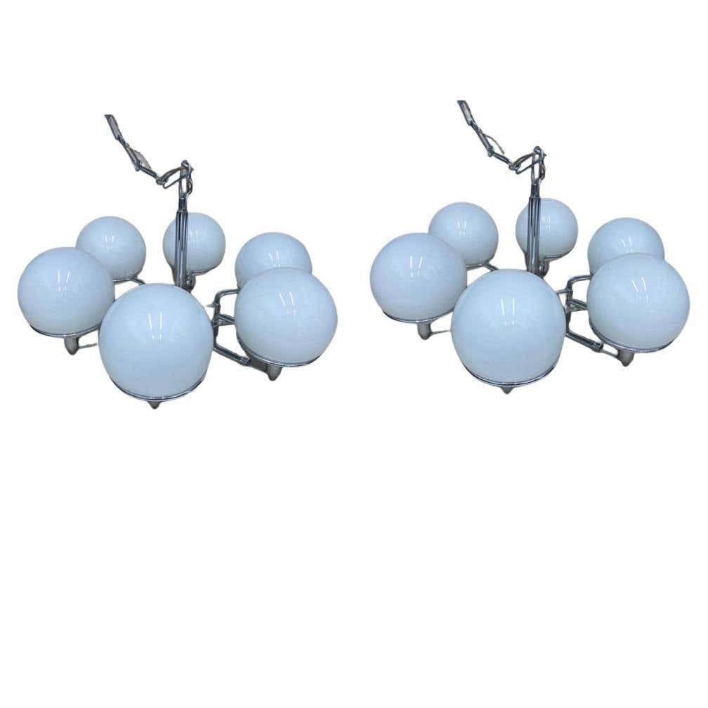 1970s Set Of Two Space Age Opaline Glass And Chromed Metal Italian Pendants