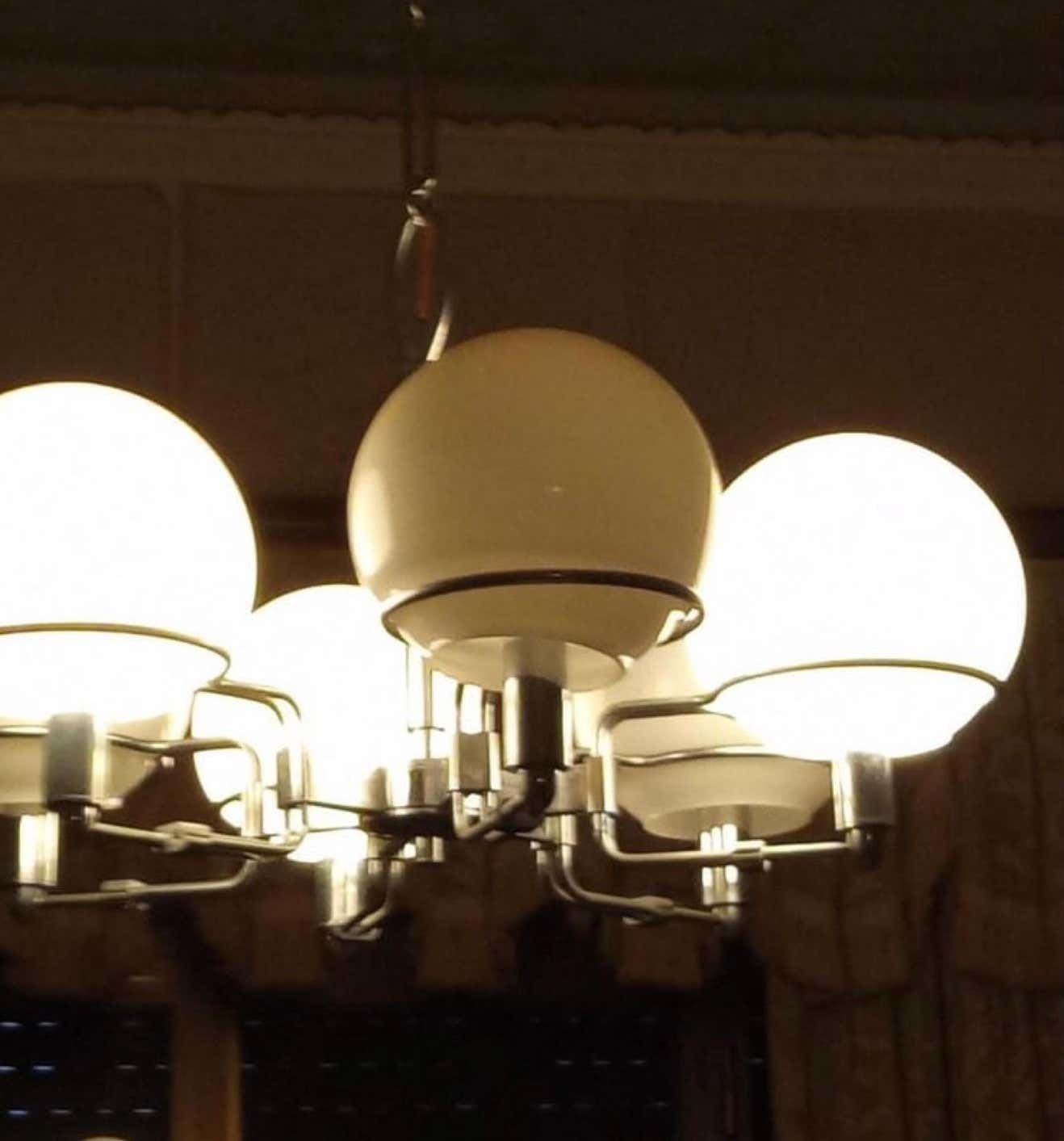 1970s Set Of Two Space Age Opaline Glass And Chromed Metal Italian Pendants photo 2670.0