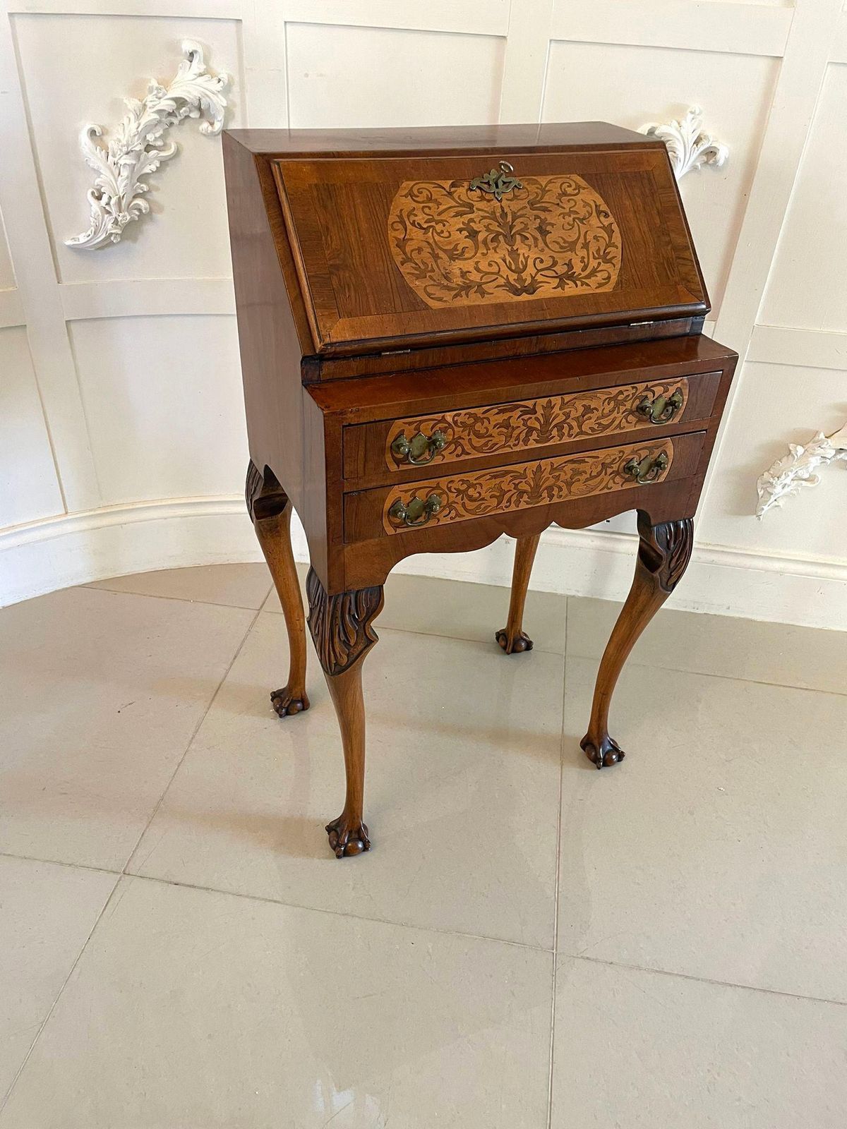 Unusual Antique Burr Walnut Marquetry Inlaid Bureau photo for sale