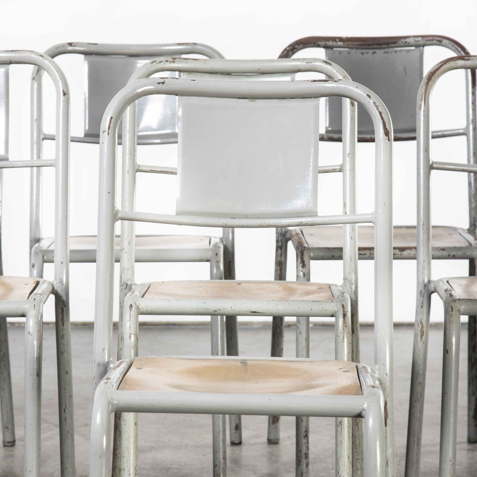 1950’s French Mullca Stacking Dining Chairs Grey With Wood Seat – Set Of Eight photo Furniture