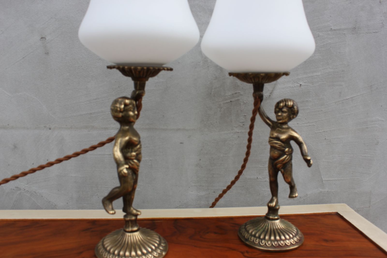 Brass Cherub Bedside Lamps Pair Baroque Table Lamps With White Glass Shades photo furniture