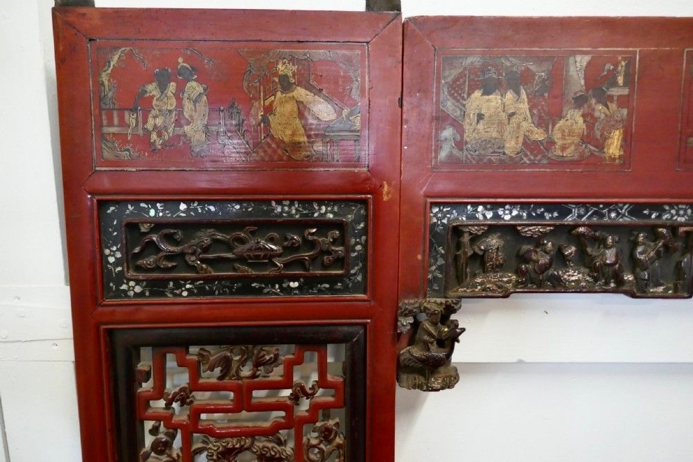 19th Century Decorative Painted Red Lacquer Opium Bed Panels photo furniture
