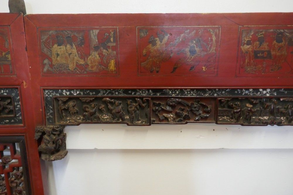 19th Century Decorative Painted Red Lacquer Opium Bed Panels photo 1860.0