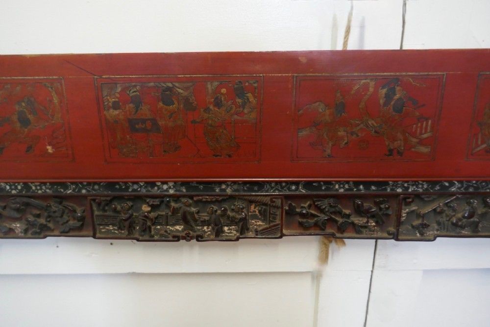 19th Century Decorative Painted Red Lacquer Opium Bed Panels photo vinterior