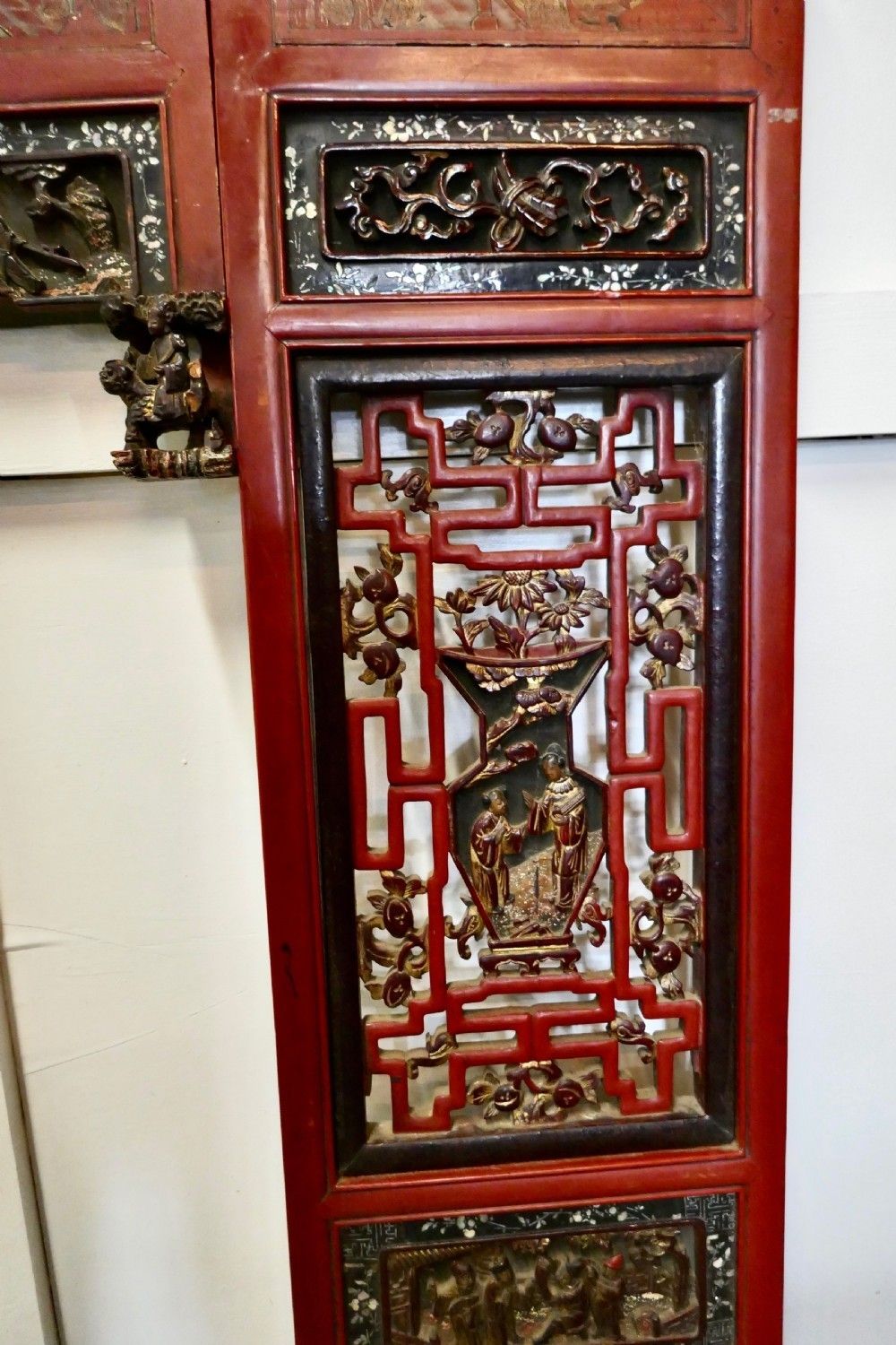 19th Century Decorative Painted Red Lacquer Opium Bed Panels photo vintage