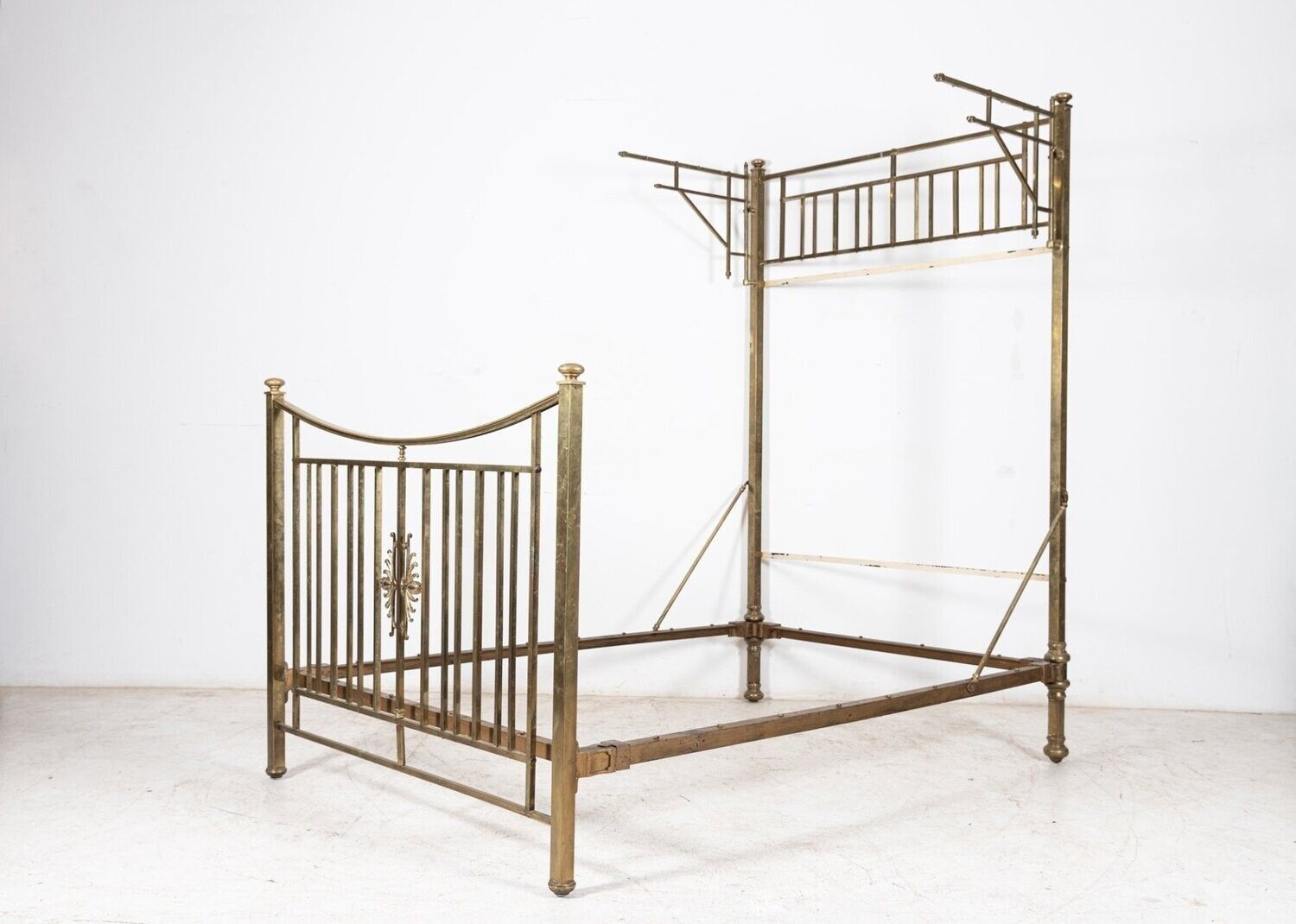 19thc English Half Tester Double Brass Bed Frame photo for sale