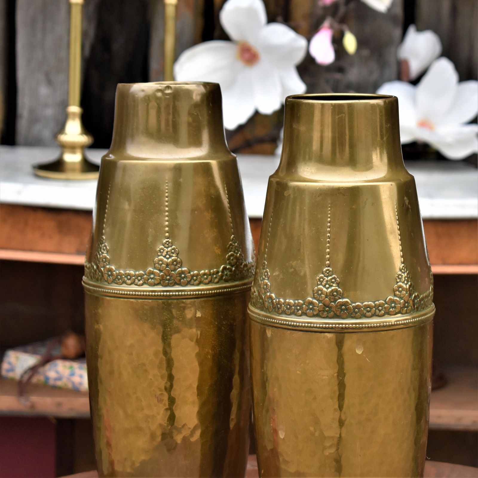 Antique Rare Wmf Brass Repoussé Embossed Jugendstil Art Nouveau Vases Large Pair photo for sale