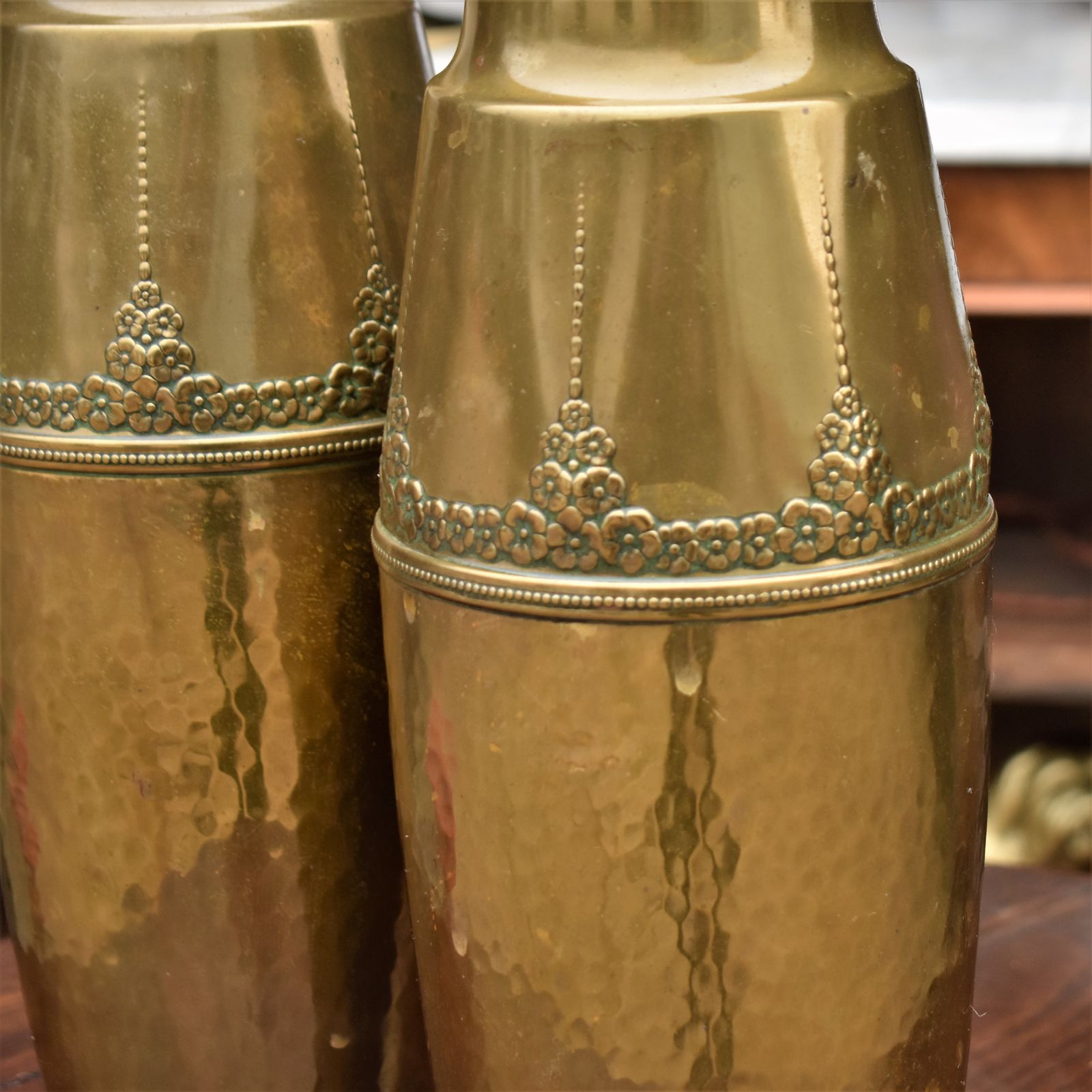 Antique Rare Wmf Brass Repoussé Embossed Jugendstil Art Nouveau Vases Large Pair photo Home Decor