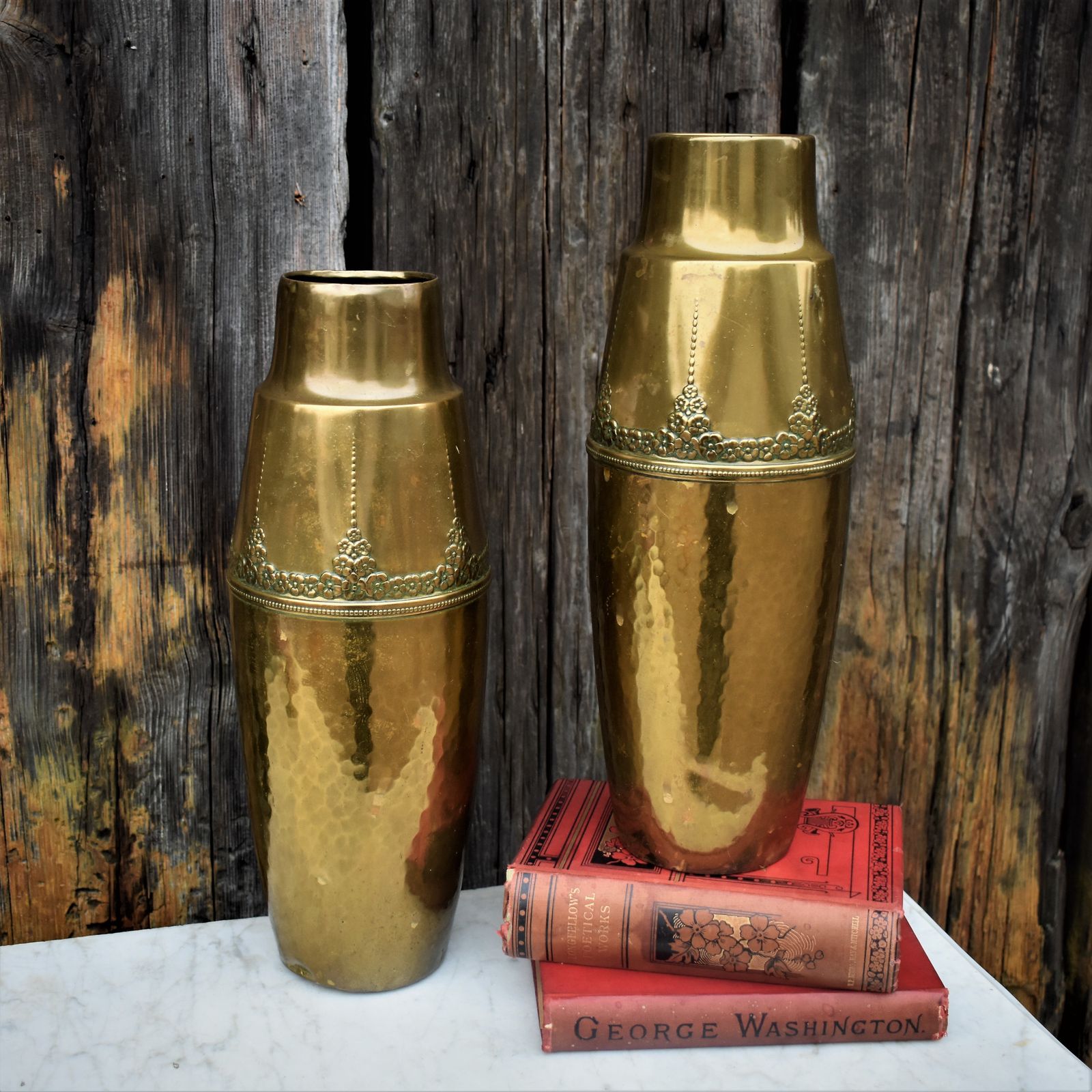 Antique Rare Wmf Brass Repoussé Embossed Jugendstil Art Nouveau Vases Large Pair photo vinterior