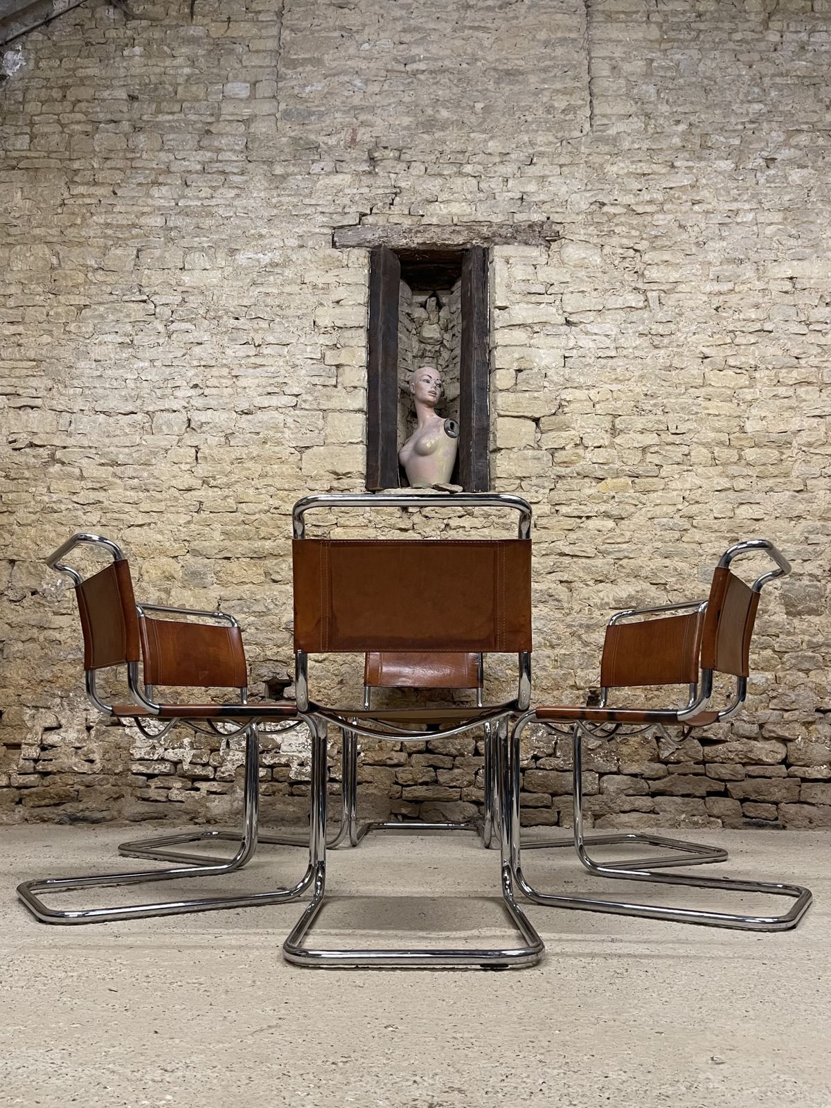 Mart Stam Marcel Breuer S33 Set Of Six Fasem Chrome Tan Brown Leather Cantilever Bauhaus 6 Dining Chairs photo 4995.0