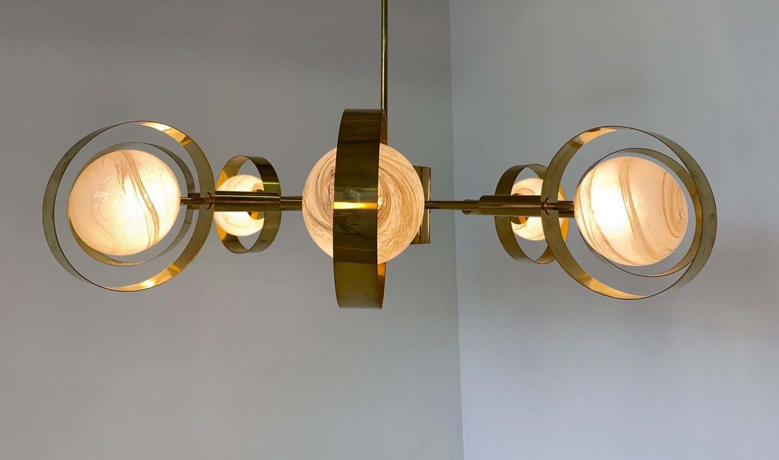 photo for sale Italian Art Deco Murano Glass And Brass Chandelier