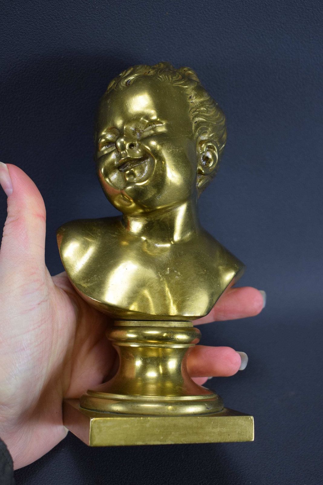 photo for sale Pair Bronze Statues Busts Houdon The Laughing Child The Crying Child John