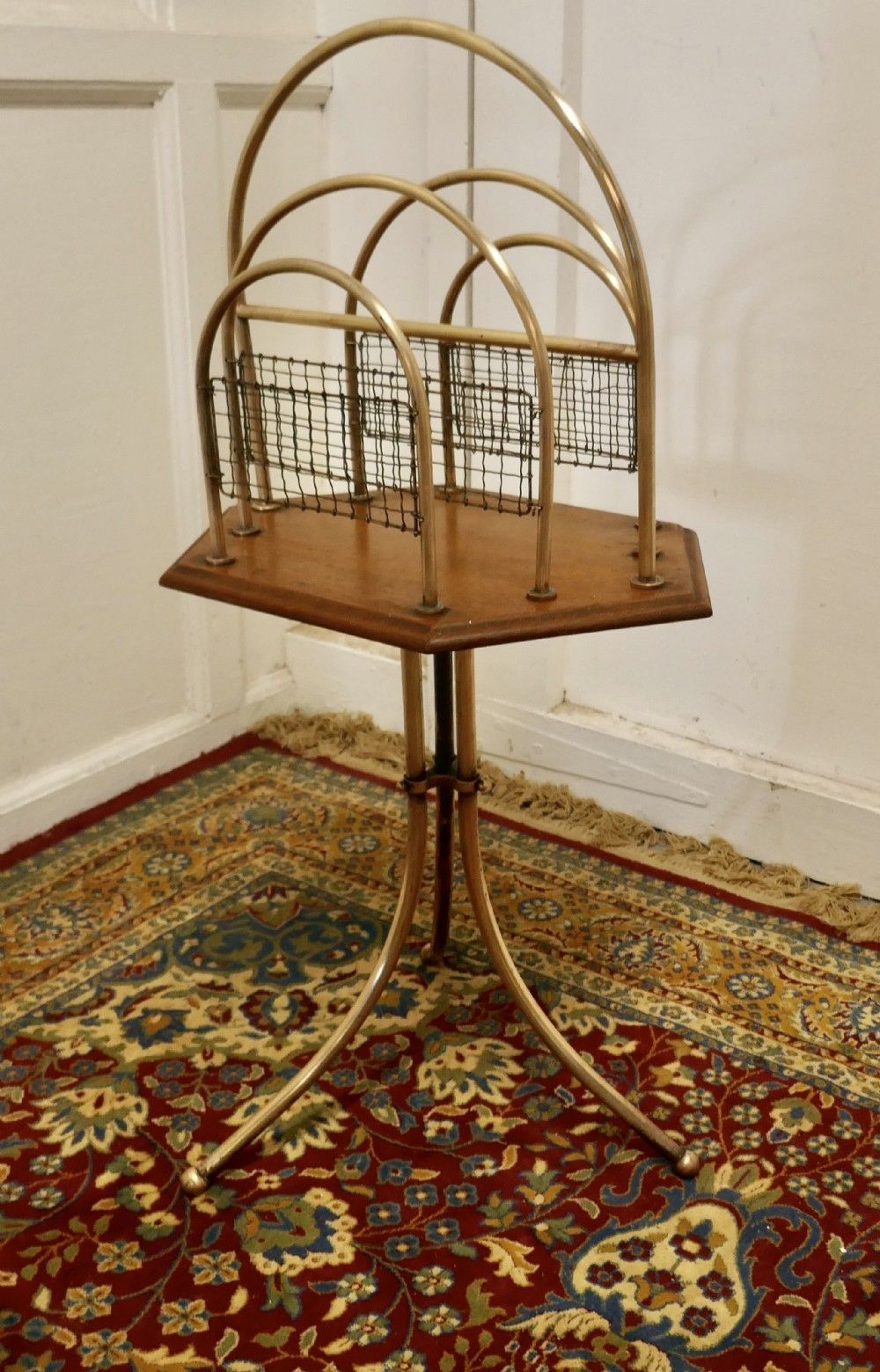 Elegant Victorian Golden Oak And Brass Revolving Magazine Rack