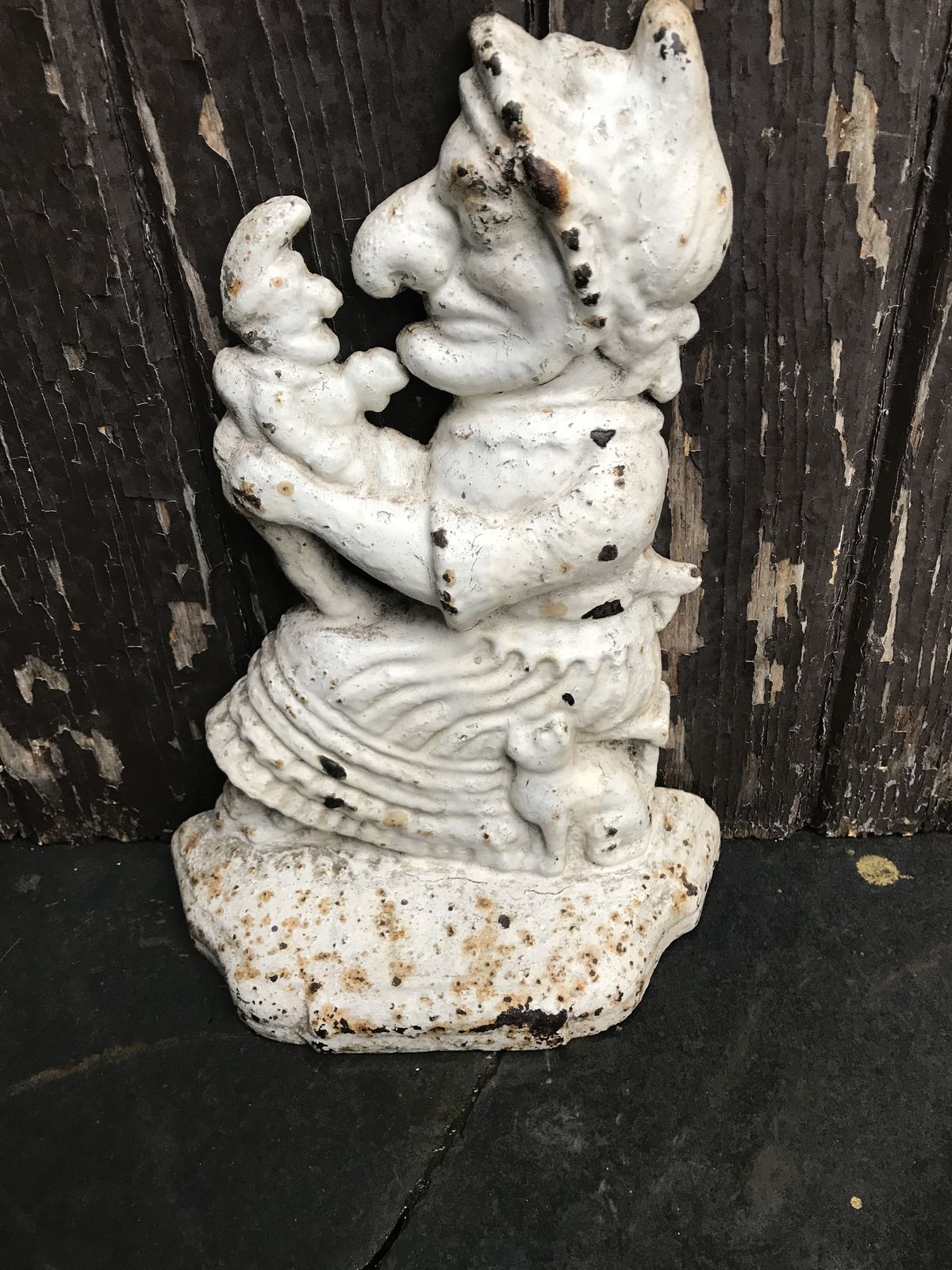 Antique Cast Iron Door Stop Judy With Baby And Cat