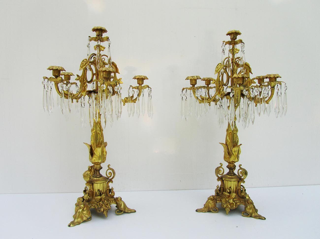 19th Century Gilt Bronze & Crystal Candelabras, Set Of 2
