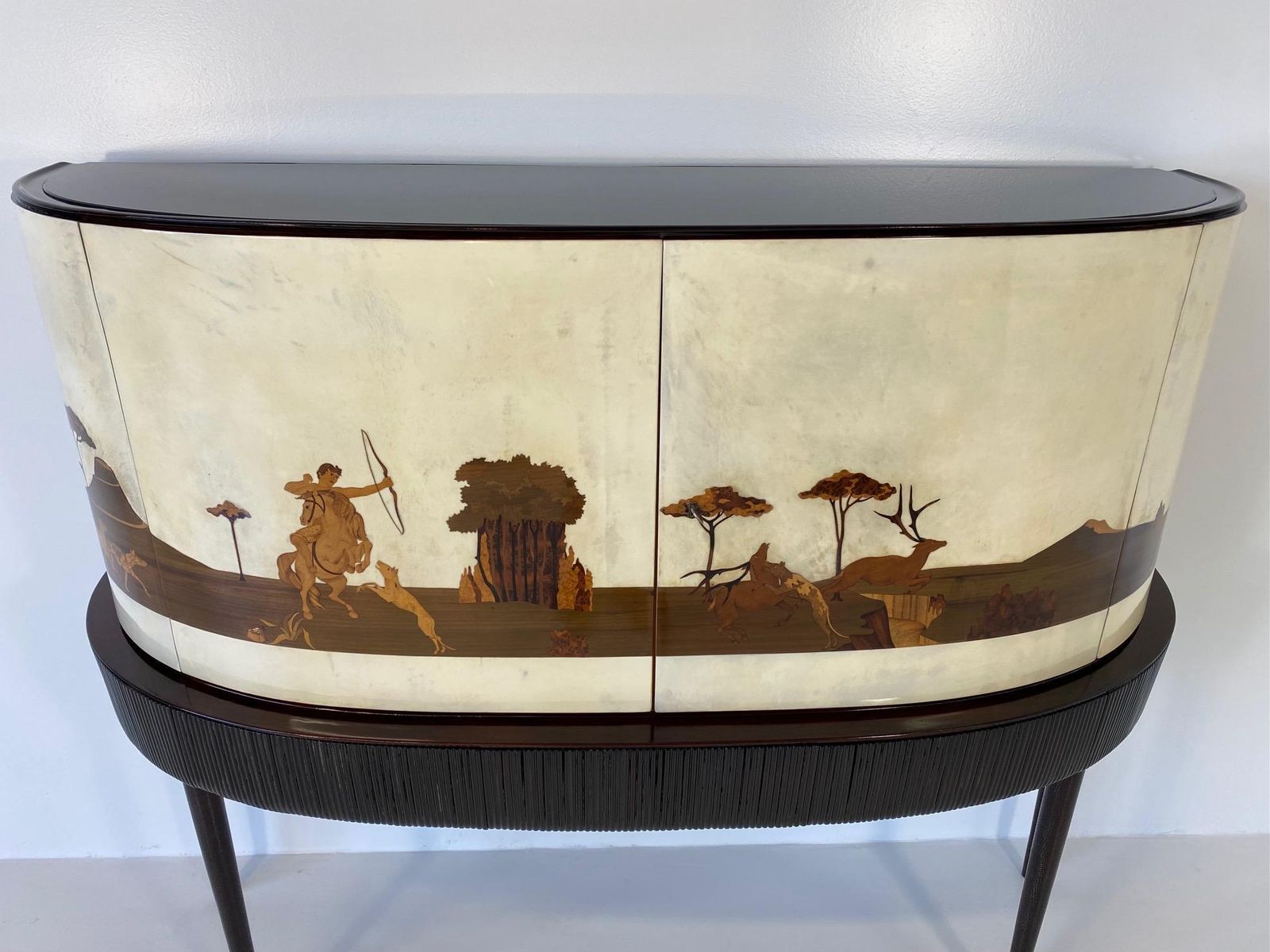Italian Art Deco Bar Cabinet In Parchment With Inlays Signed By Anzani 1930s photo for sale