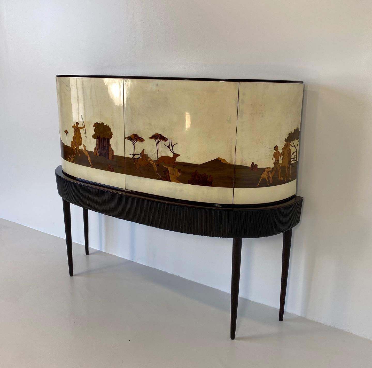 Italian Art Deco Bar Cabinet In Parchment With Inlays Signed By Anzani 1930s photo buy