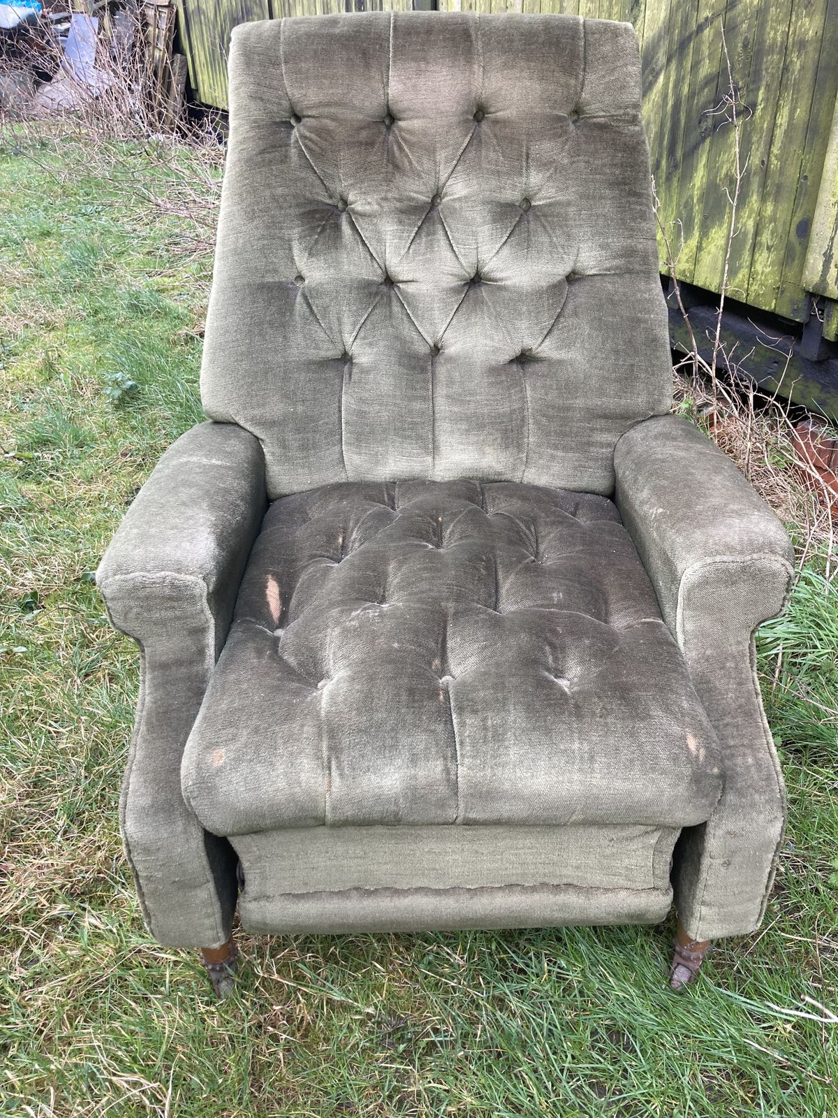 Mid Century Buttoned Green Recliner Chair Restoration Project
