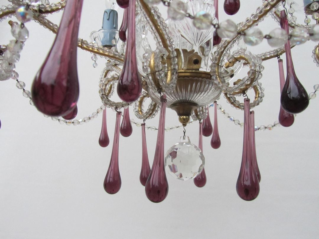 Vintage Italian Crystal Beaded 6 Light Chandelier With Purple & Azure Drops photo Lighting