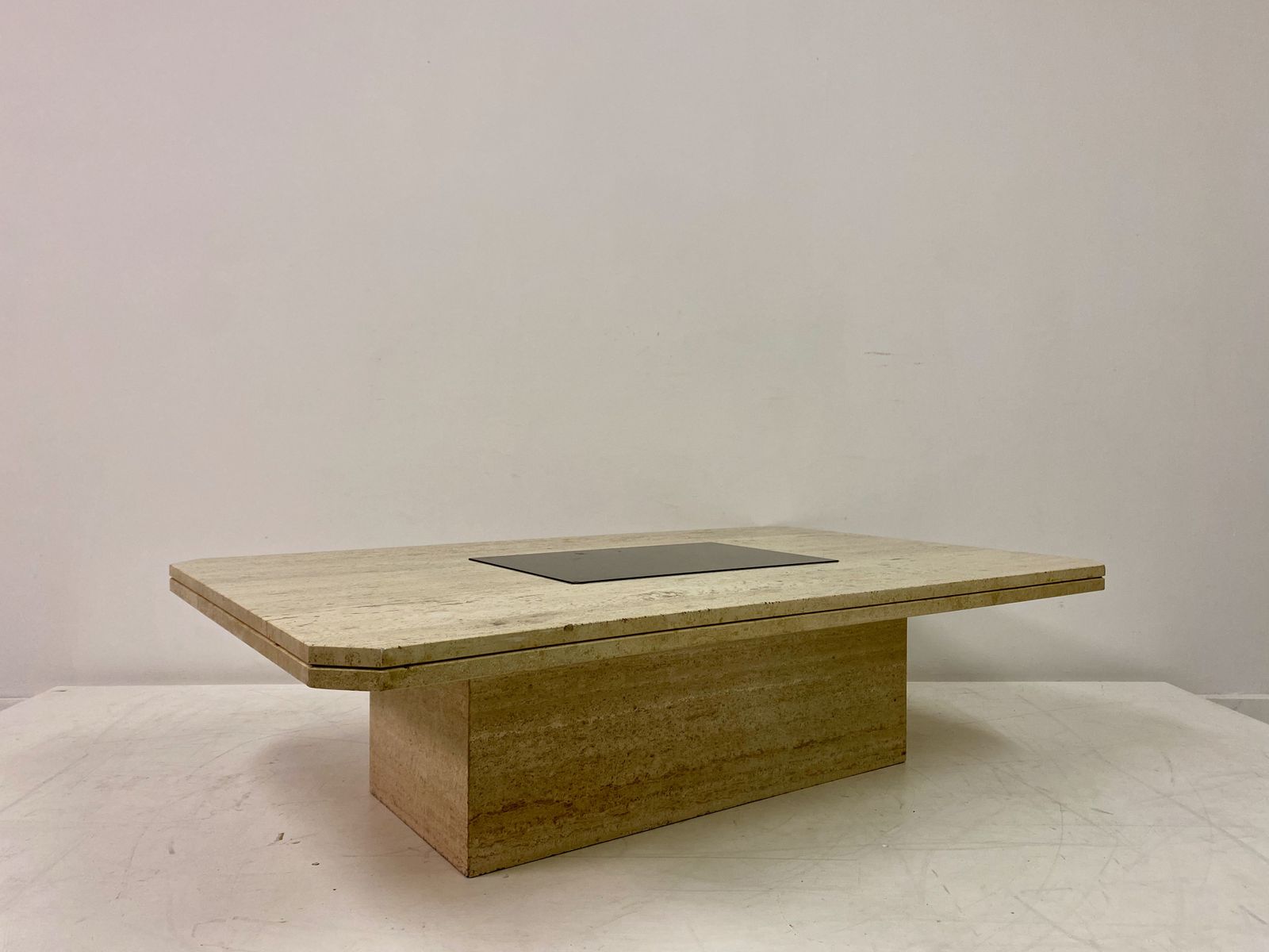 1970s Travertine And Brass Coffee Table photo for sale