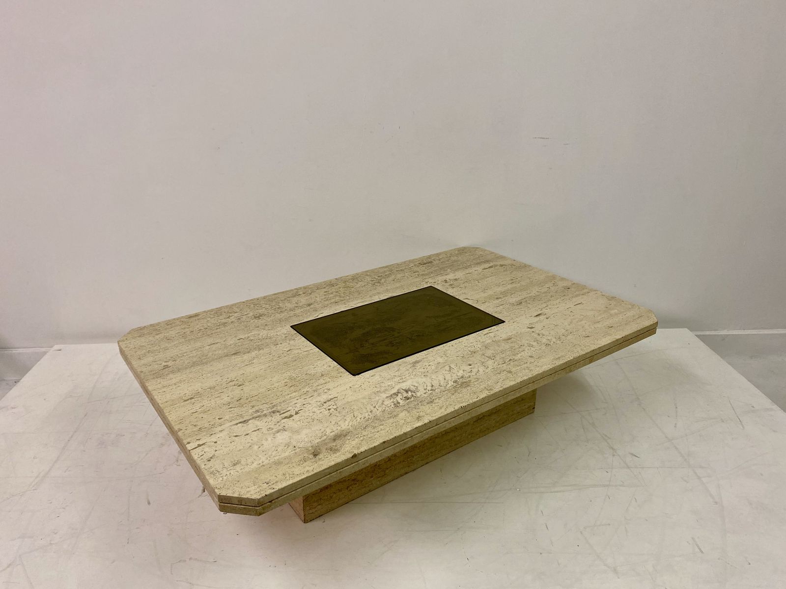Furniture 1970s Travertine And Brass Coffee Table photo